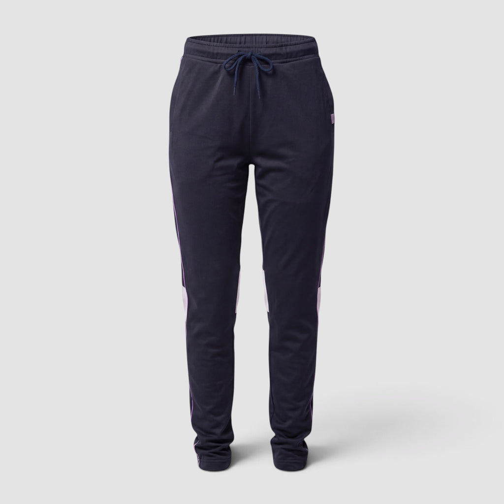 Maiden Cricket Nightwatch girls' navy training trousers with purple side accents, drawstring waist, and slim fit.