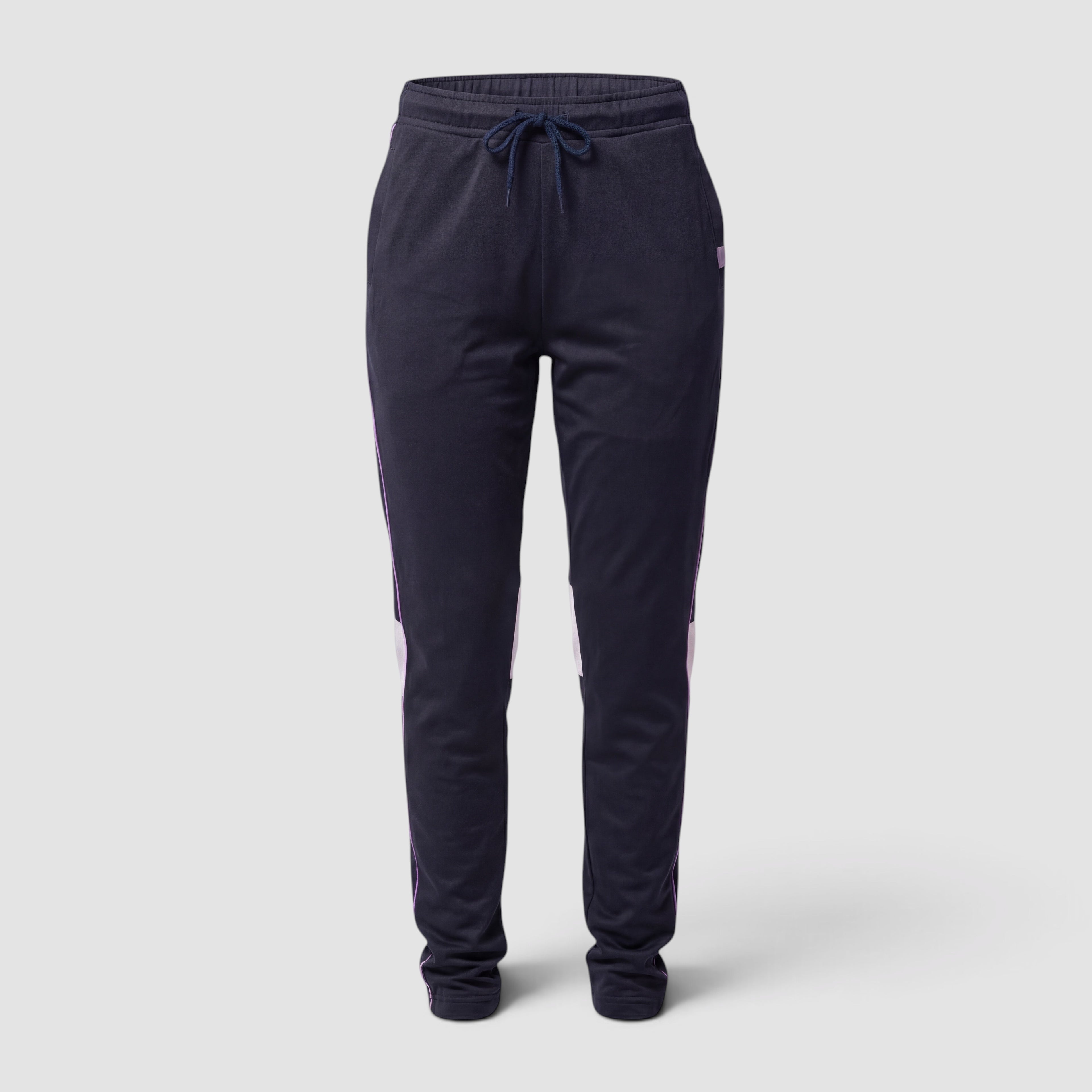 Maiden Cricket Nightwatch girls' navy training trousers with purple side accents, drawstring waist, and slim fit.