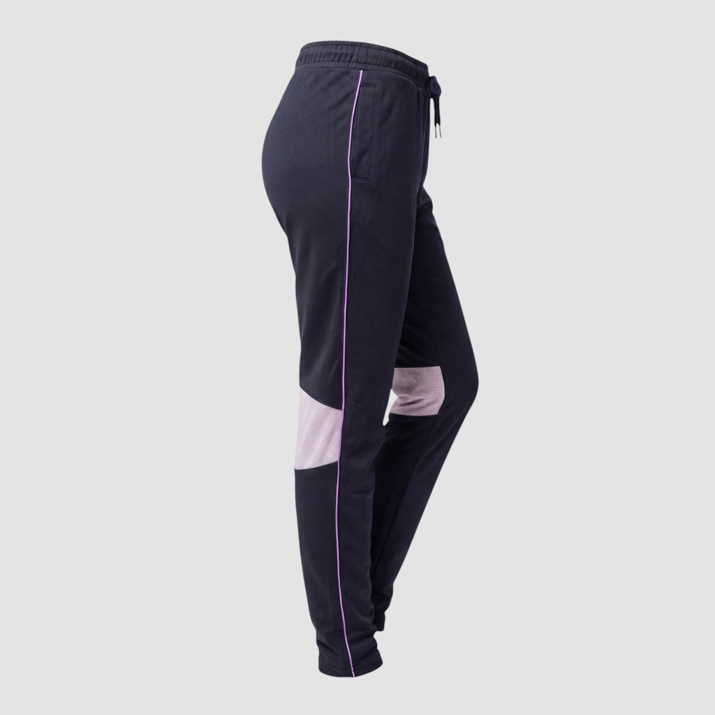 Maiden Cricket Nightwatch women's black training trousers with side pockets, mesh knee vents, and adjustable hem poppers.