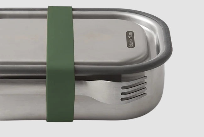 Maiden Cricket stainless steel lunch box with a green silicone strap and integrated fork, leakproof design.