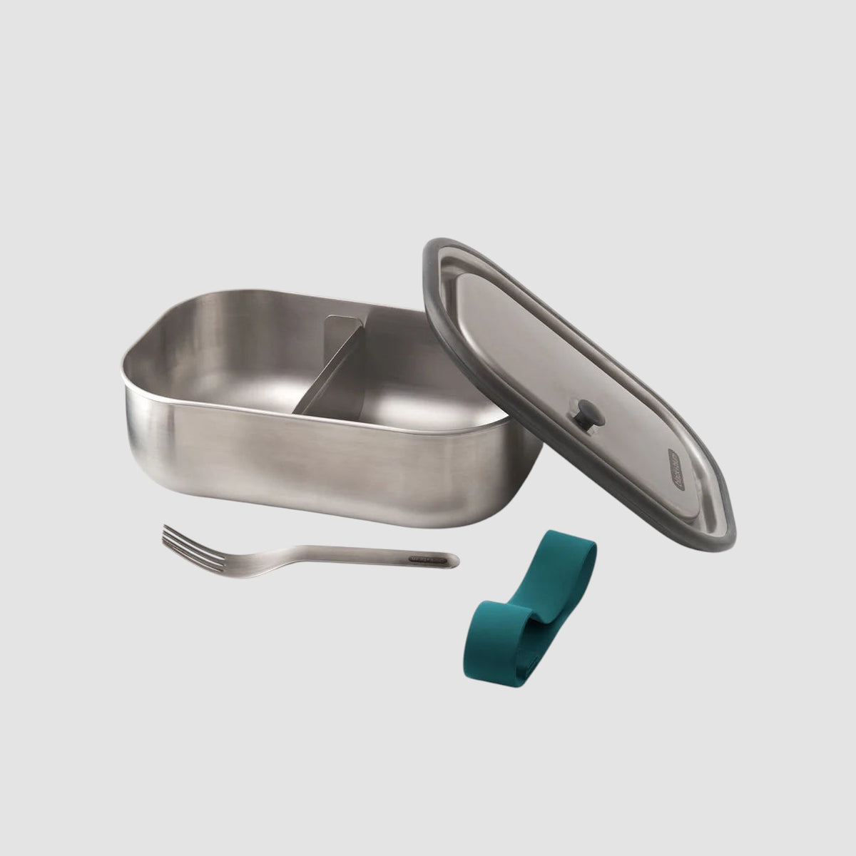 Maiden Cricket stainless steel 1000ml lunch box with removable divider, lid, fork, and teal silicone strap.