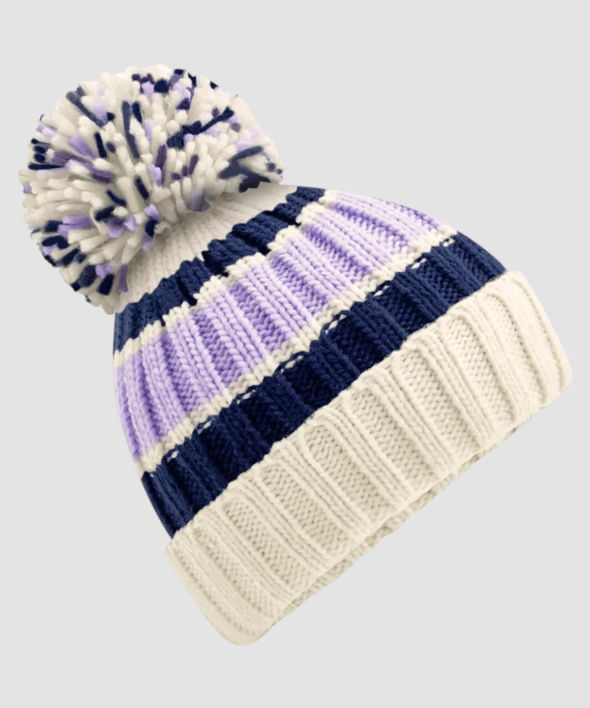 Maiden Cricket pom pom beanie in cream, navy, and lilac striped knit with a matching multi-coloured pom pom