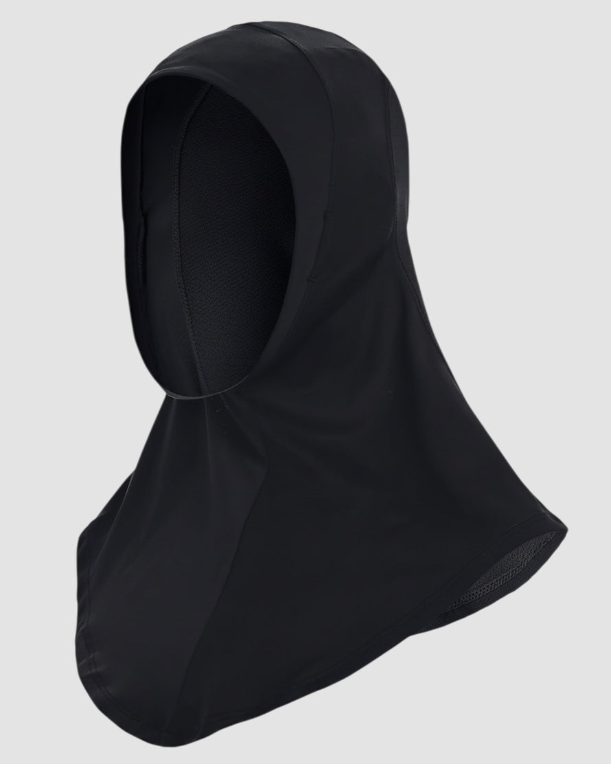 Maiden Cricket Under Armour black performance sport hijab made from lightweight moisture-wicking stretch fabric.