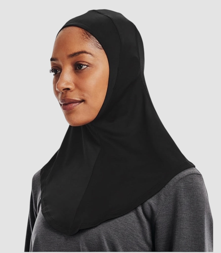 Maiden Cricket Under Armour black performance sport hijab worn by an athlete in a grey athletic top