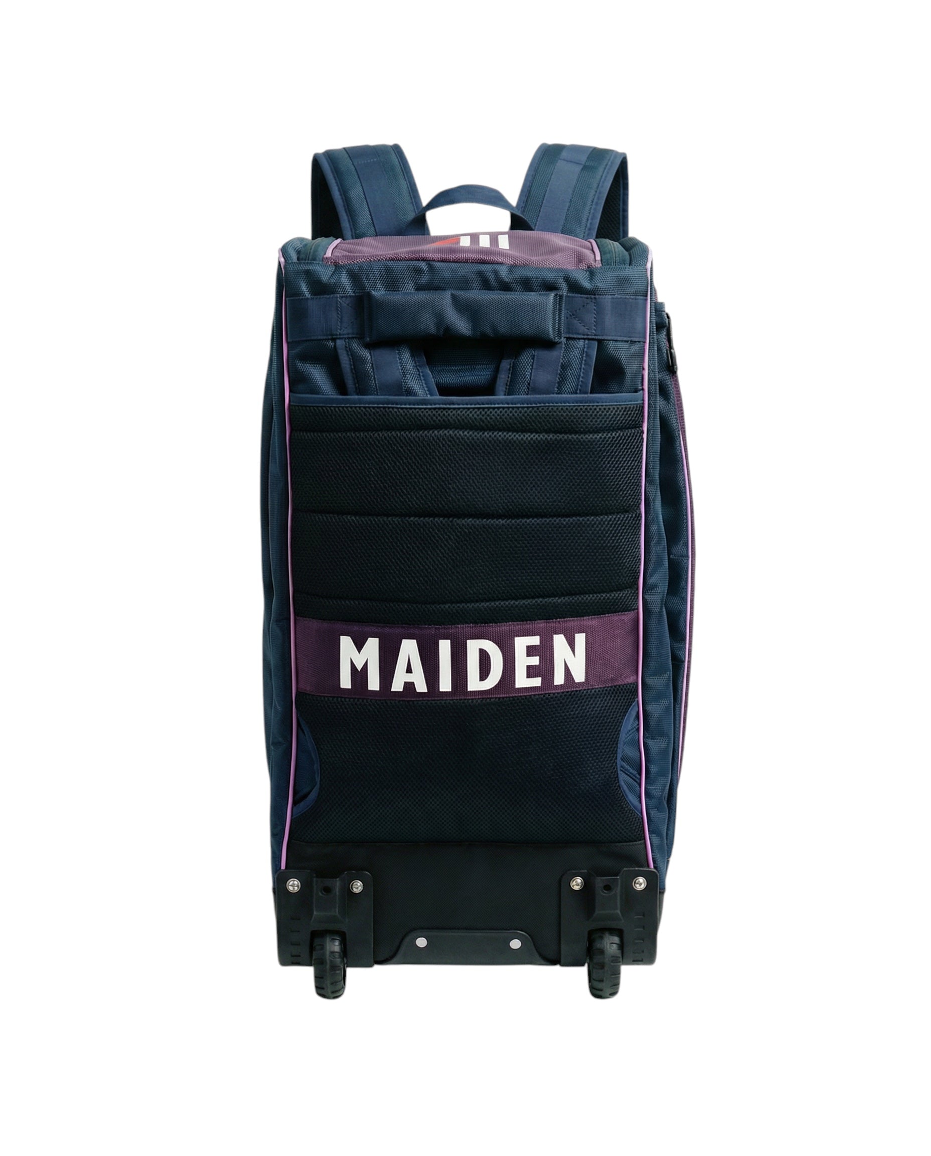 Maiden Cricket navy blue wheeled kit bag with ergonomic straps and purple accents, designed for women and girls.