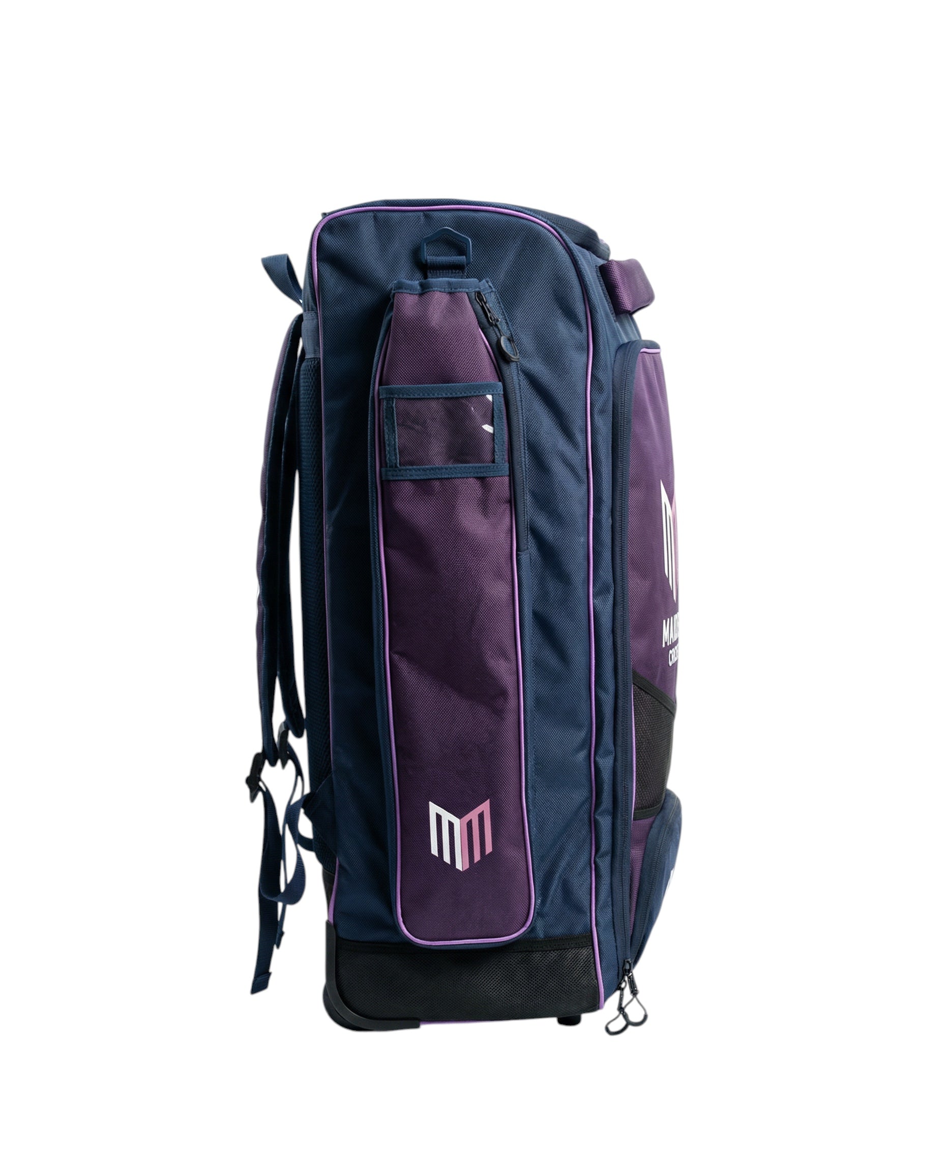Maiden Cricket navy and purple wheeled kit bag with ergonomic straps and dedicated equipment compartments