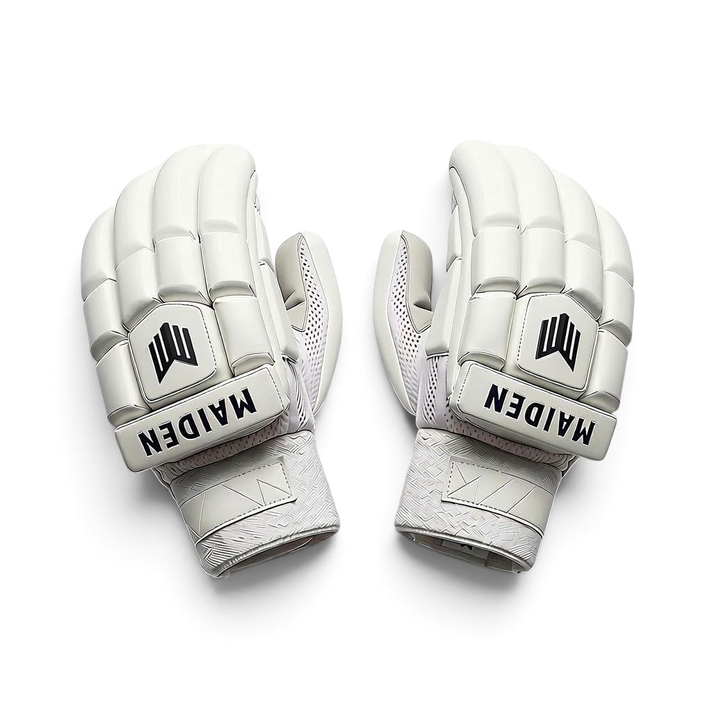 Maiden Cricket Mia Rogers limited edition white batting gloves with sheepskin palms and pre-curved fingers for girls.