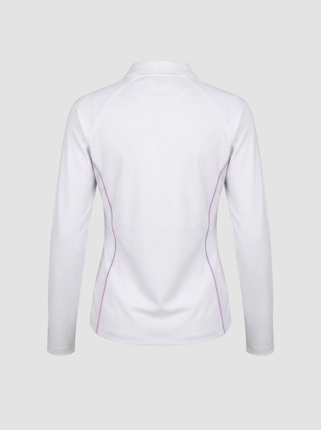 Back view of Maiden Cricket white long-sleeve performance top with purple piping and mesh underarm panels