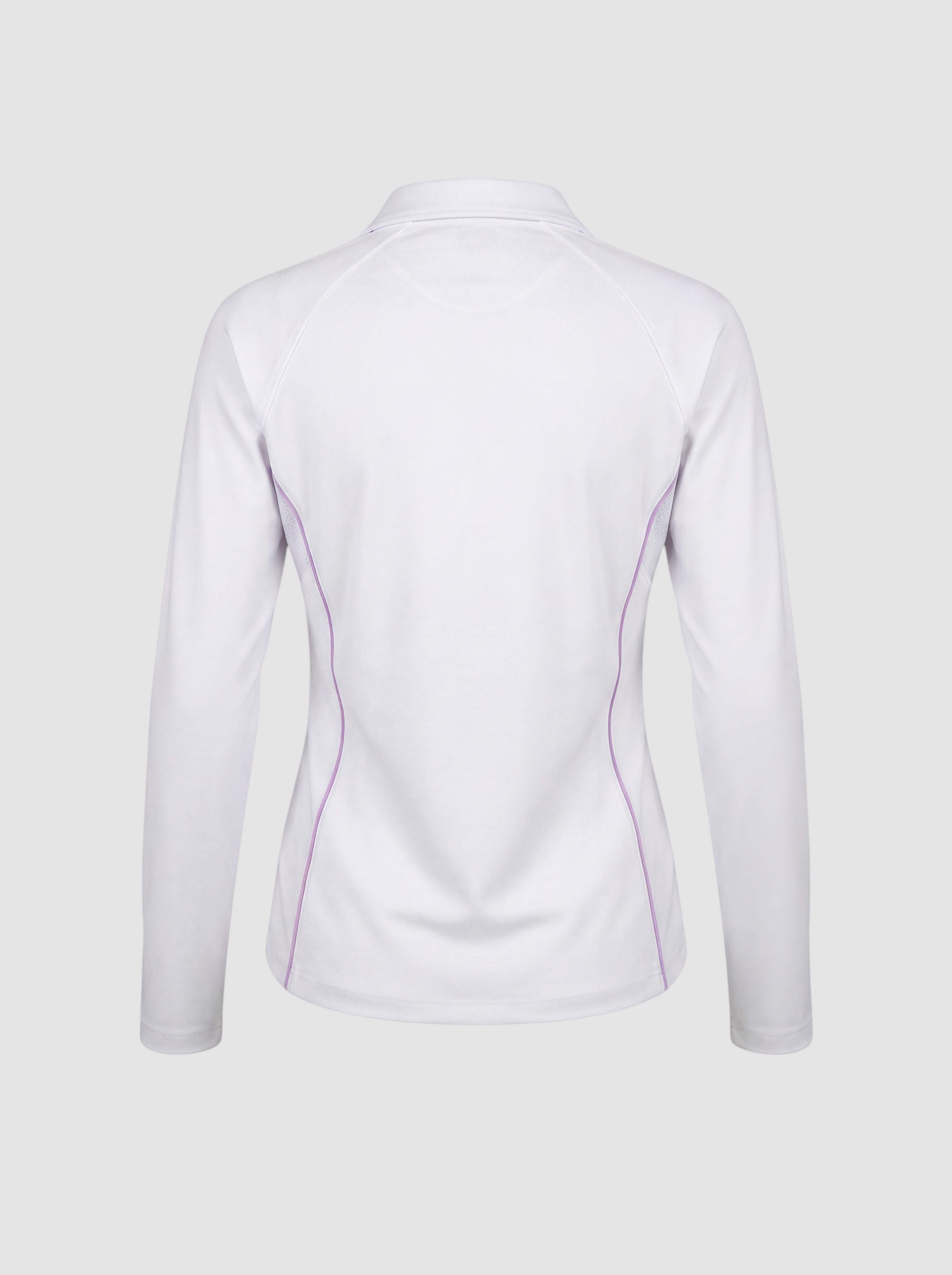 Back view of Maiden Cricket white long-sleeve performance top with purple piping and mesh underarm panels