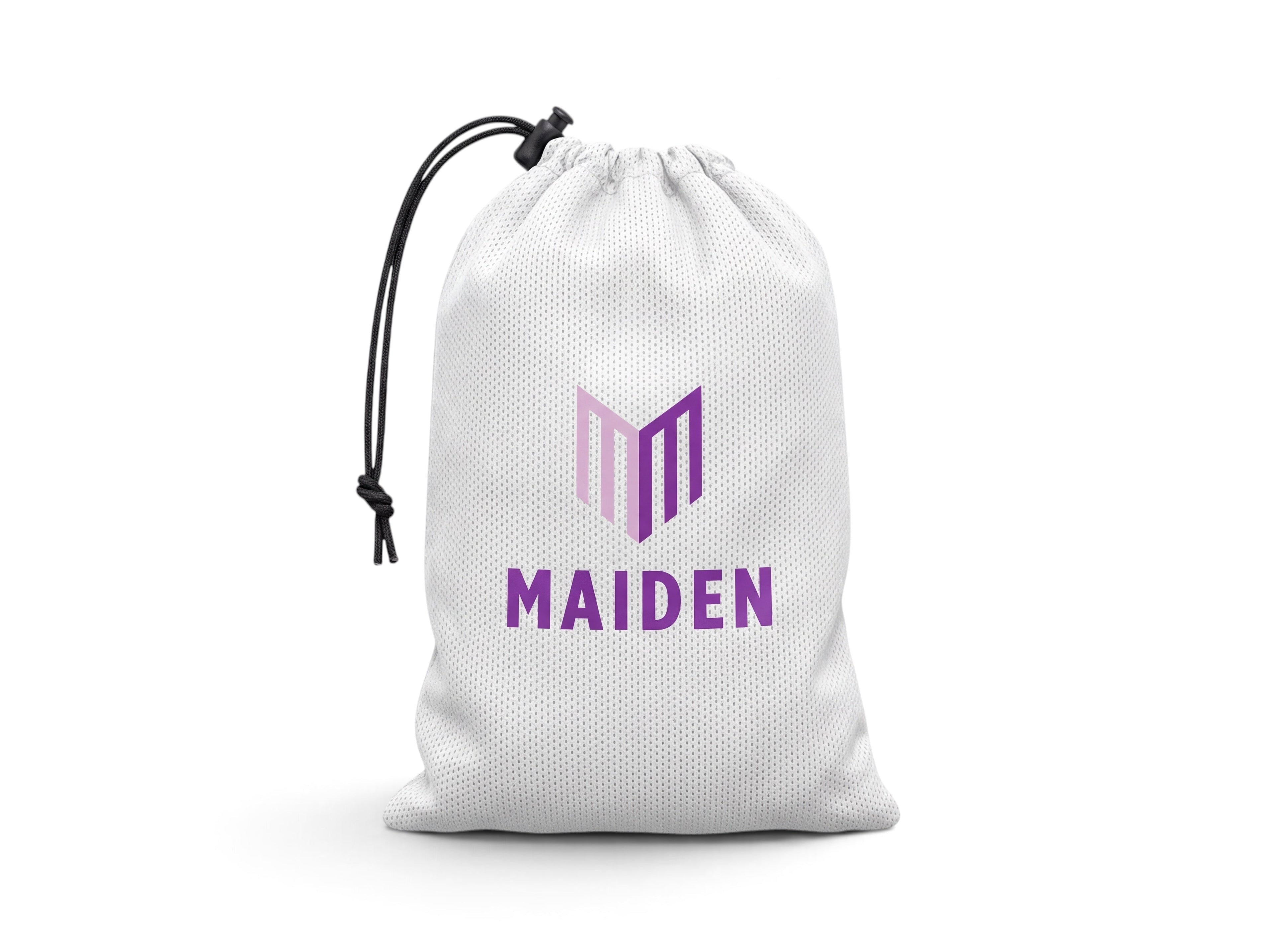 Maiden Cricket white mesh drawstring bag with purple logo for storing batting gloves