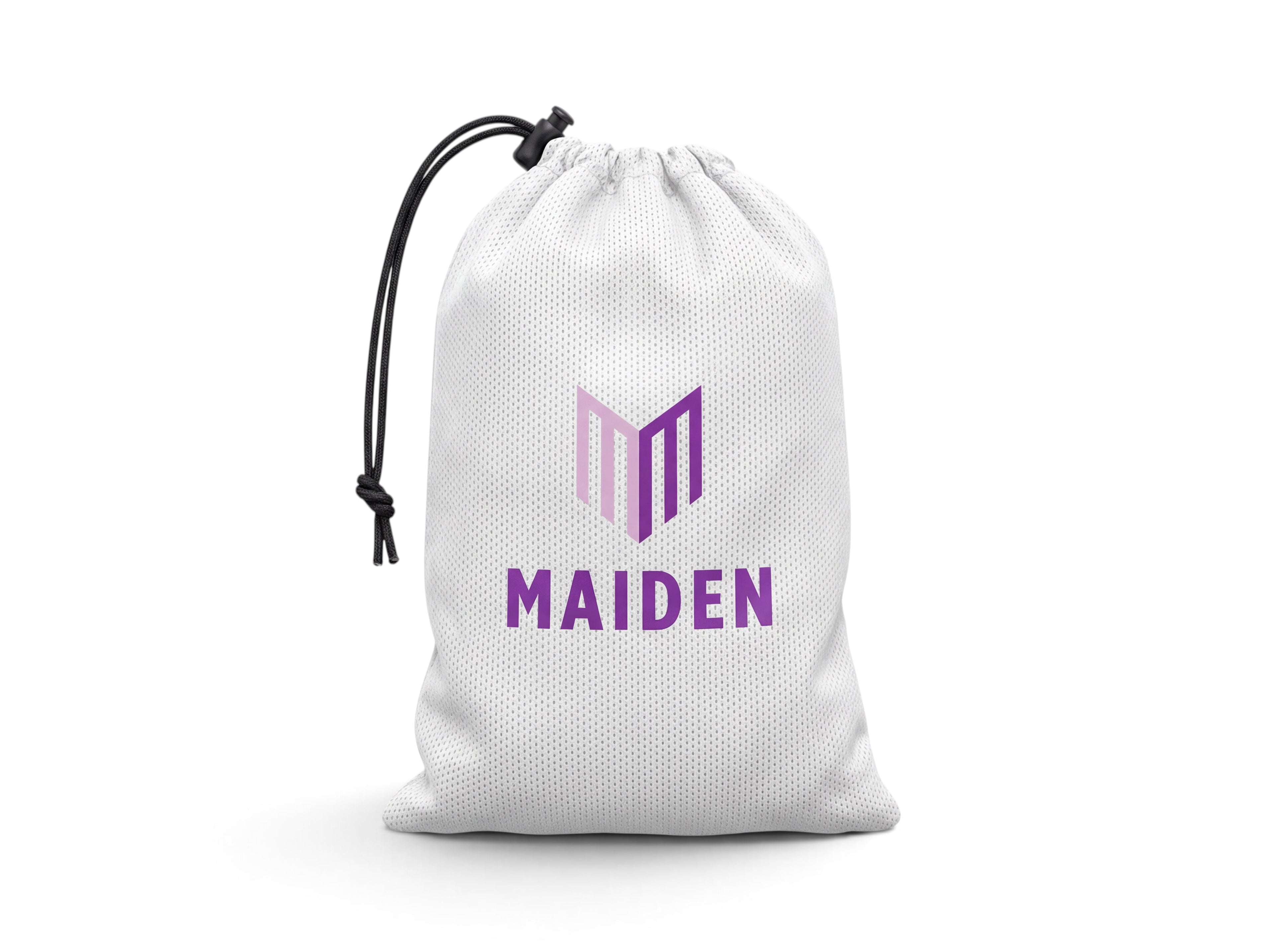 Maiden Cricket white mesh drawstring equipment bag with purple brand logo for storing batting gloves
