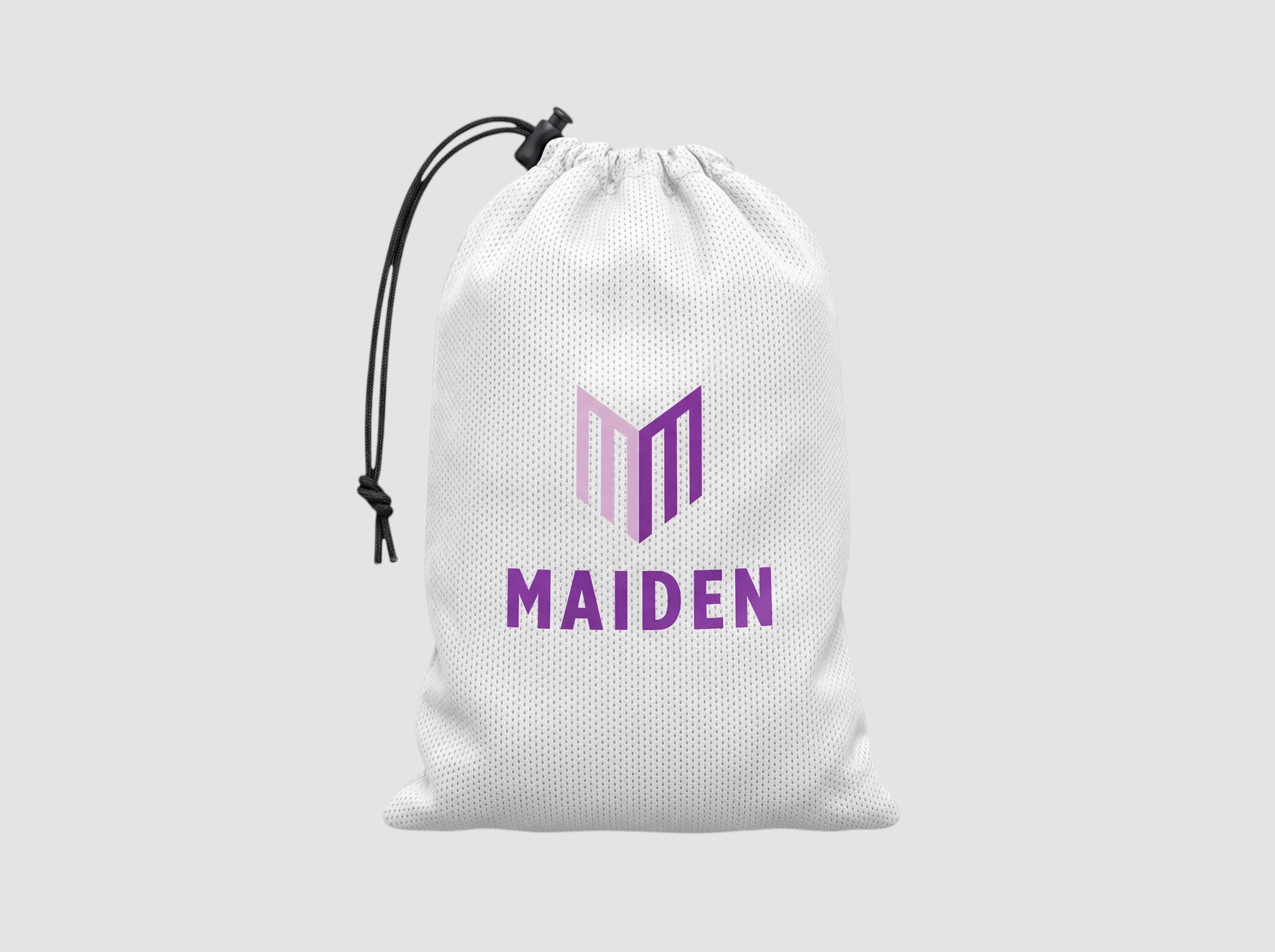 Maiden Cricket white mesh drawstring gear bag with purple logo branding for storing cricket equipment