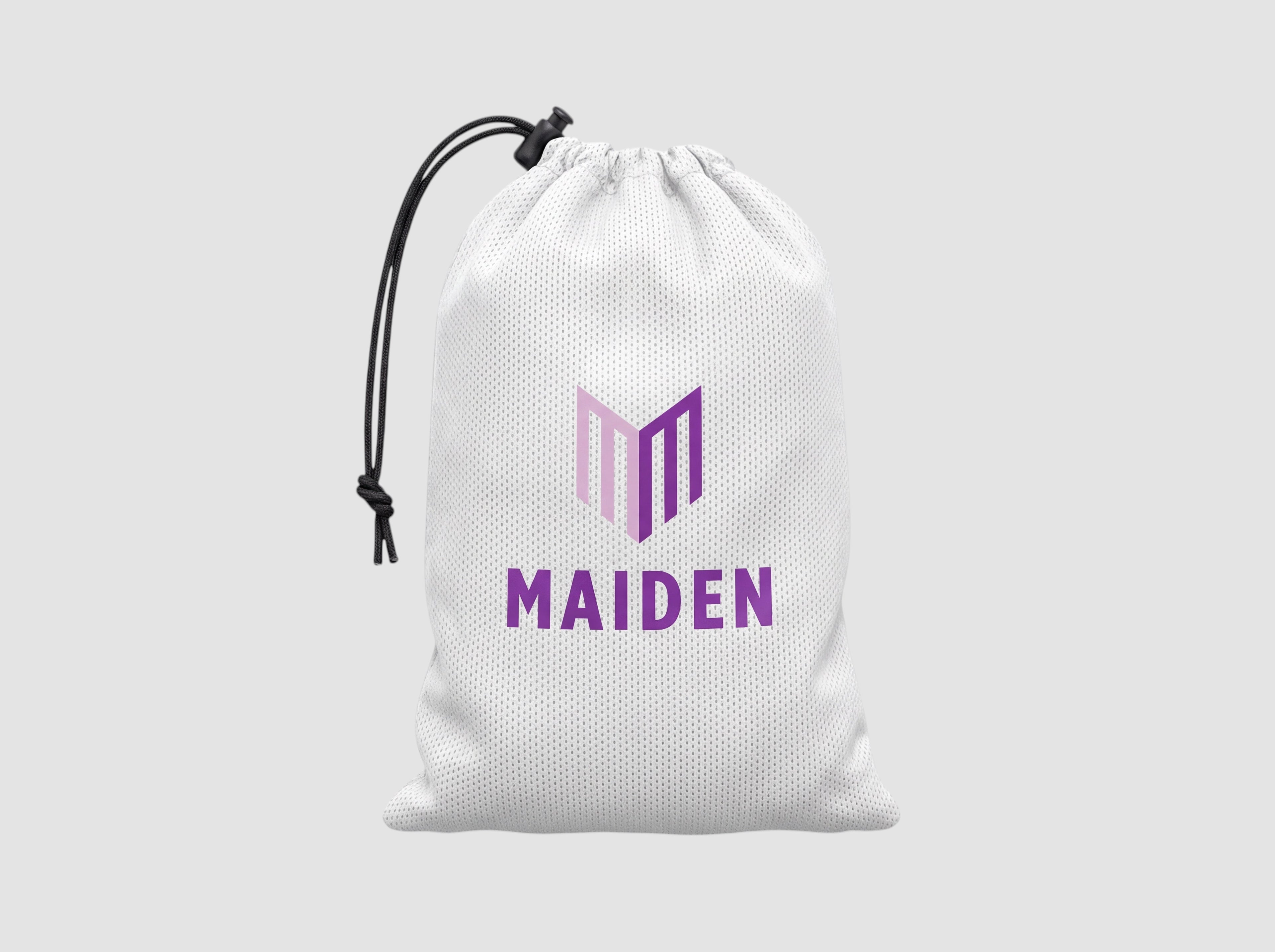 Maiden Cricket white mesh drawstring gear bag with purple logo for storing batting gloves and sports equipment