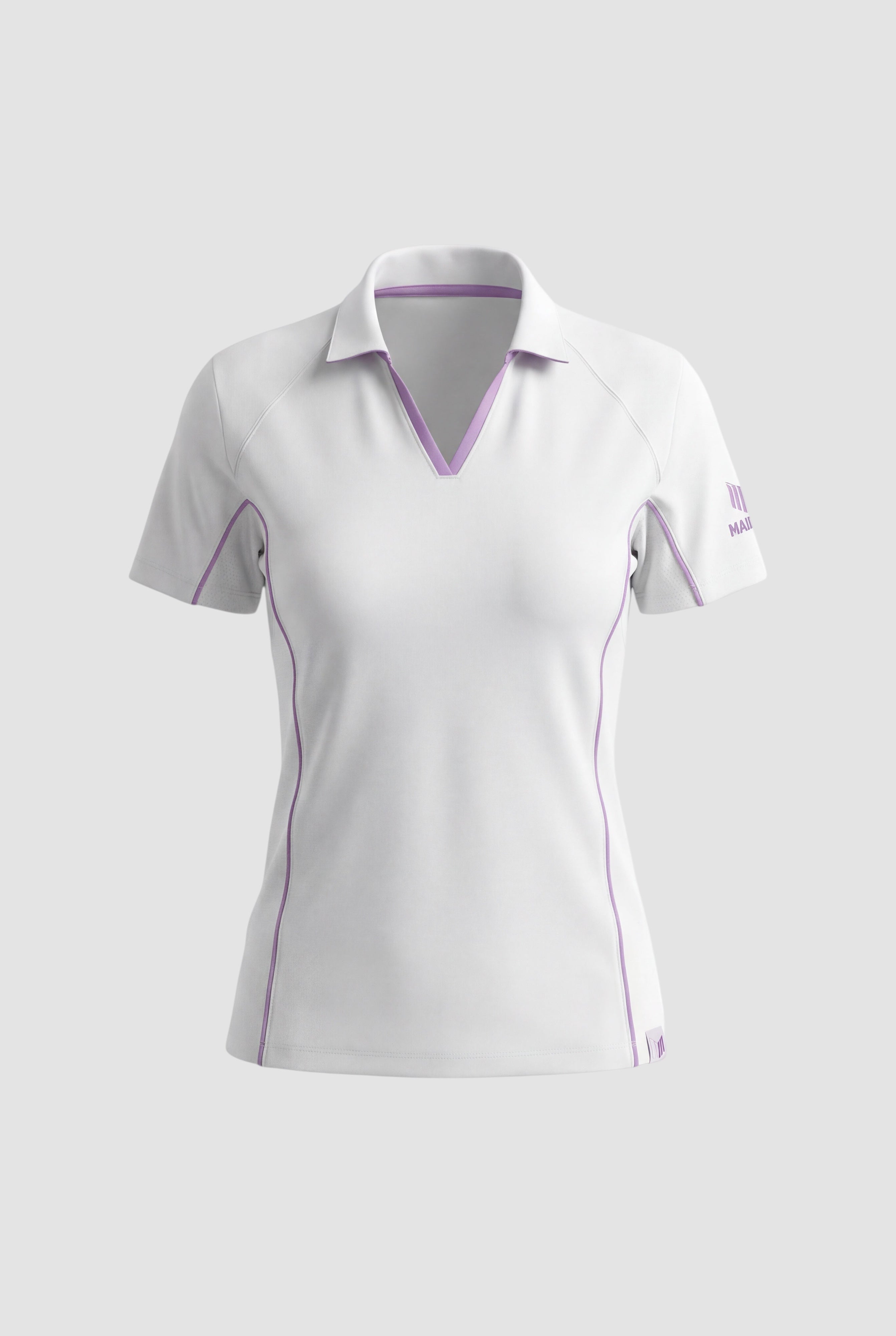 Maiden Cricket white performance polo shirt with purple piping, moisture-wicking fabric, and breathable mesh panels.
