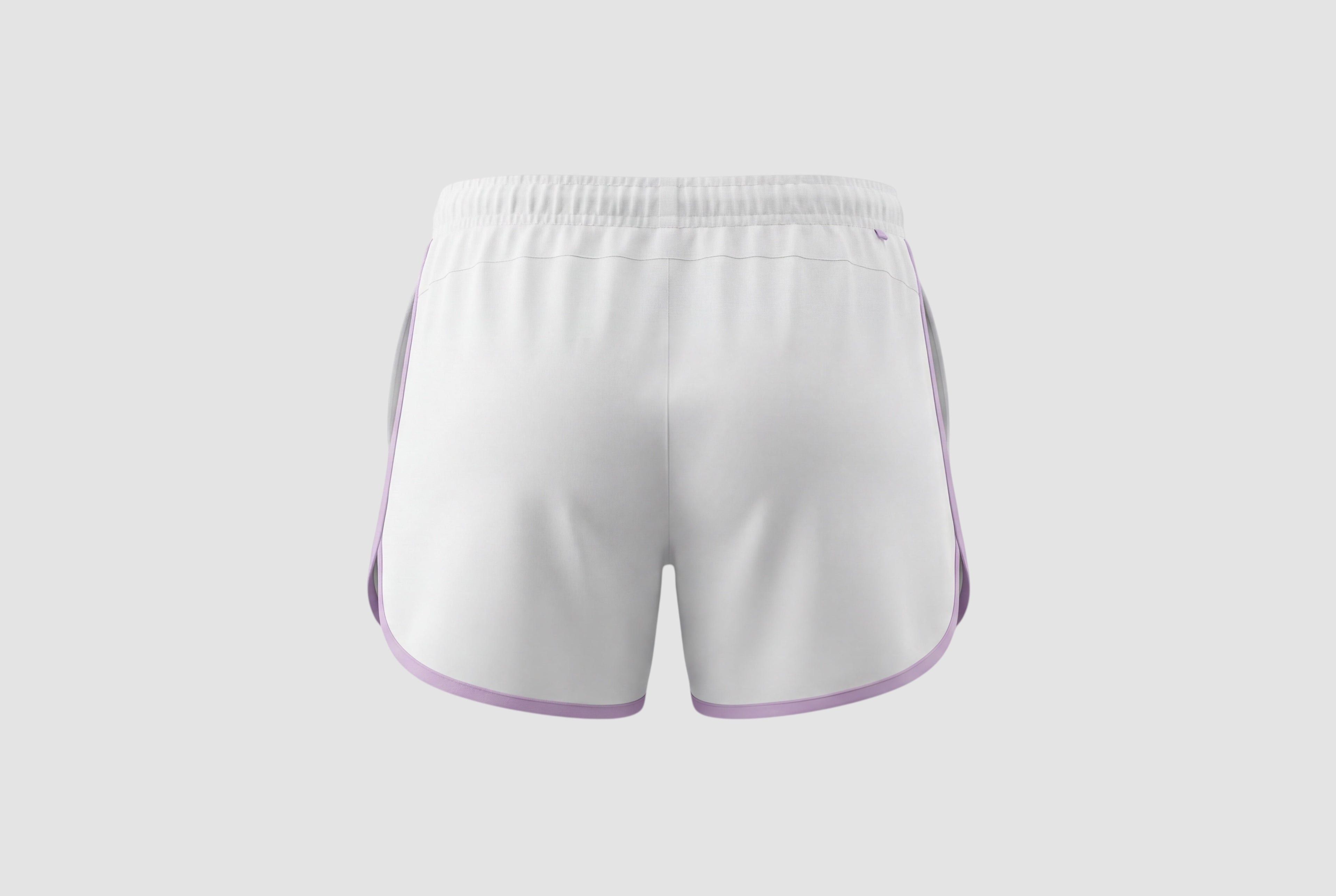 Back view of white Maiden Cricket Fine Leg Shorts for women featuring a curved hem with light purple trim.
