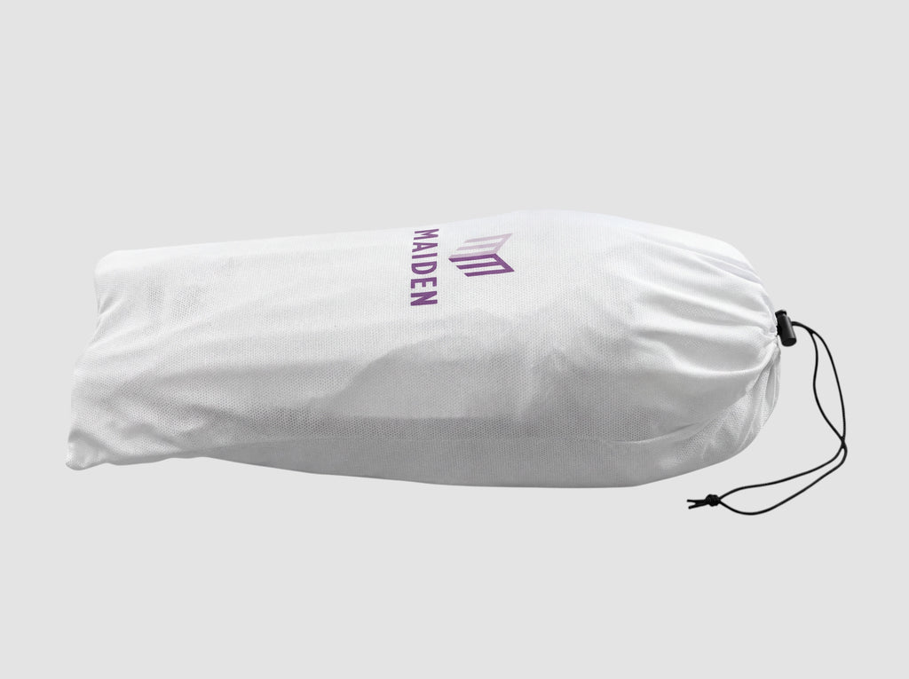Maiden Cricket white drawstring storage bag with purple brand logo for cricket batting pads