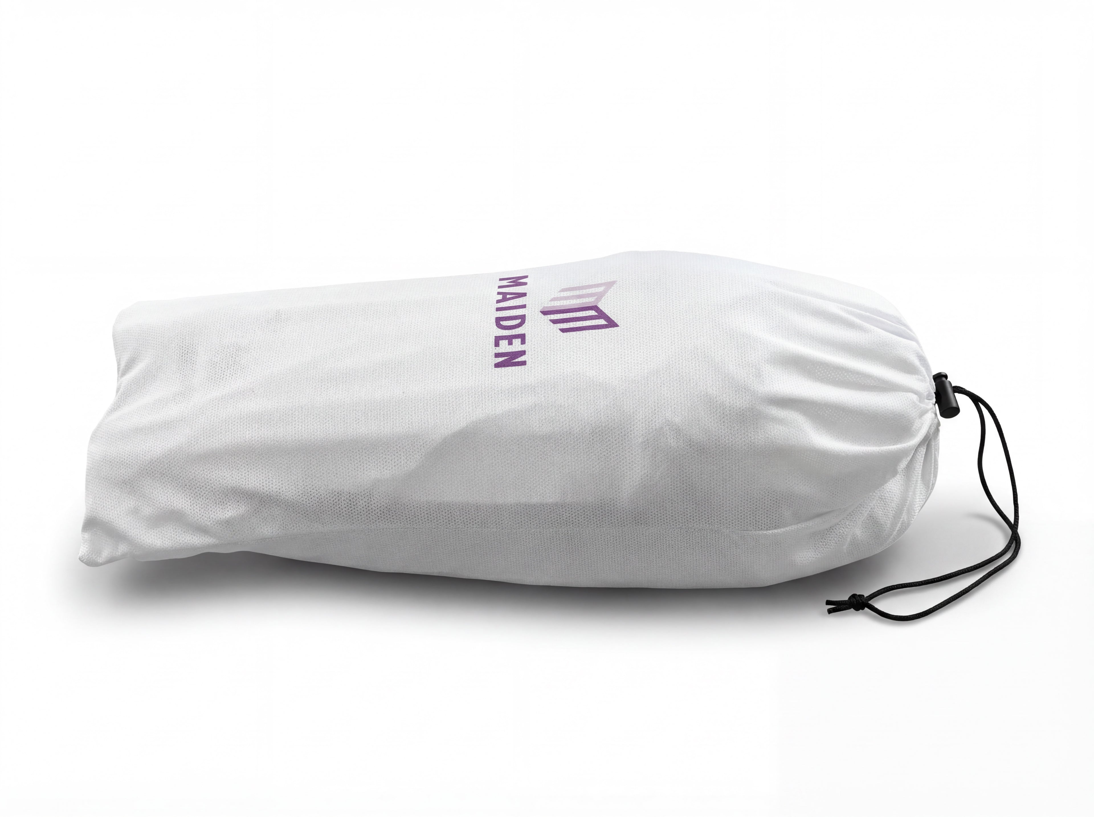 Maiden Cricket white protective storage bag with drawstring closure and purple brand logo