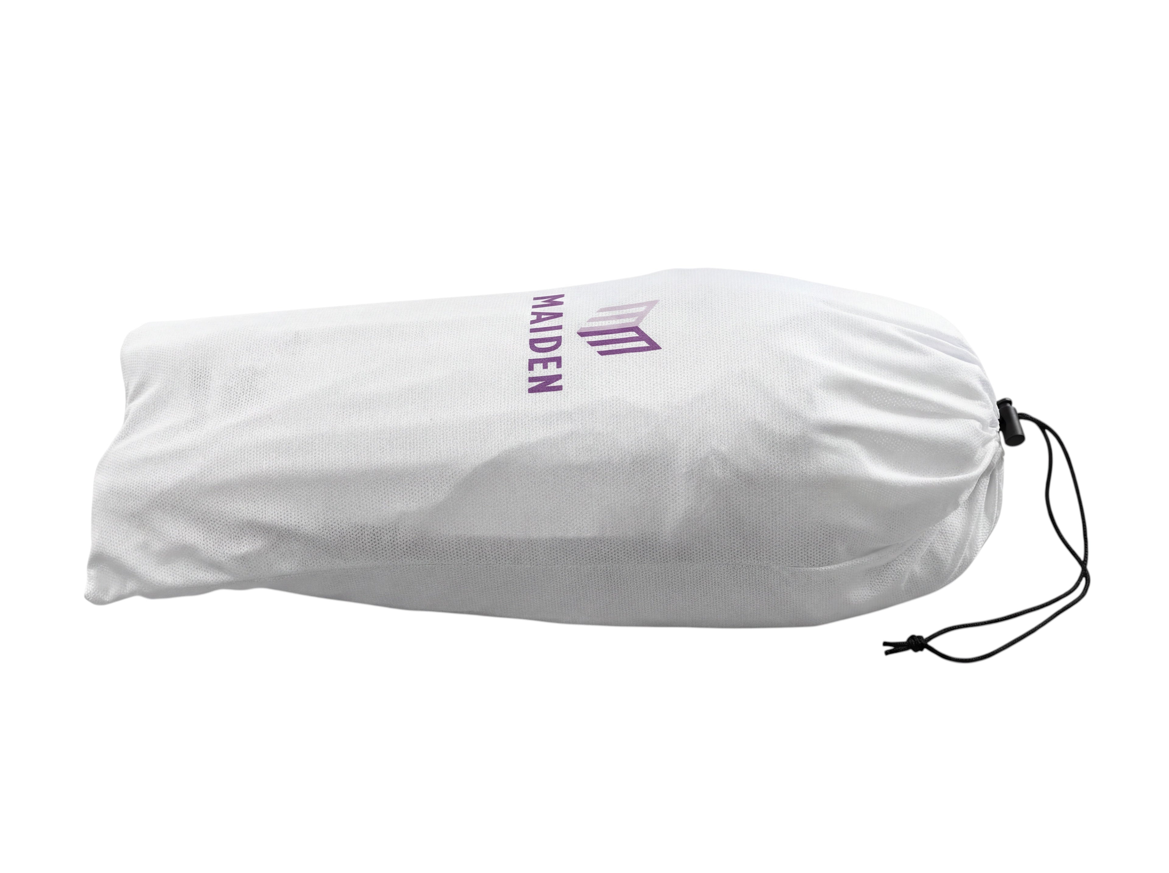 Maiden Cricket white drawstring storage bag for batting pads with purple brand logo