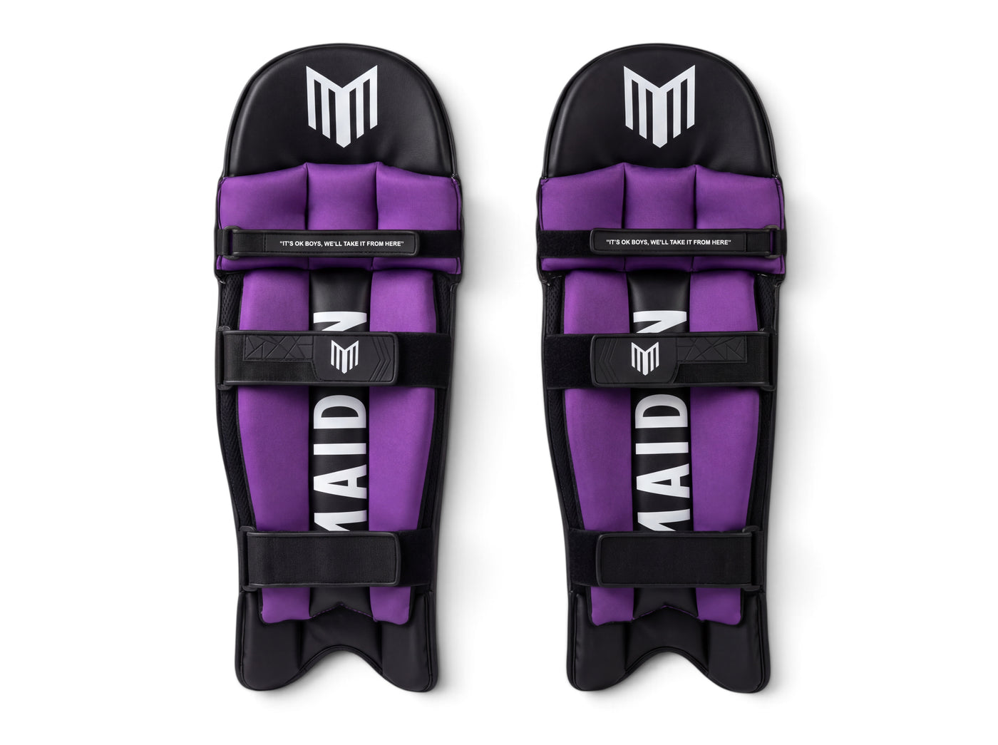 Maiden Cricket women's batting pads in black and purple with ergonomic knee design and secure soft-touch straps.
