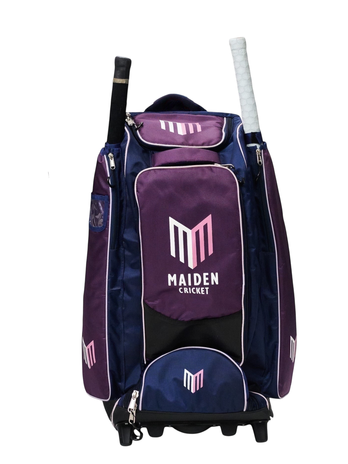Maiden Cricket kit bag in navy and purple with pink logo, featuring wheels and side slots for two cricket bats.