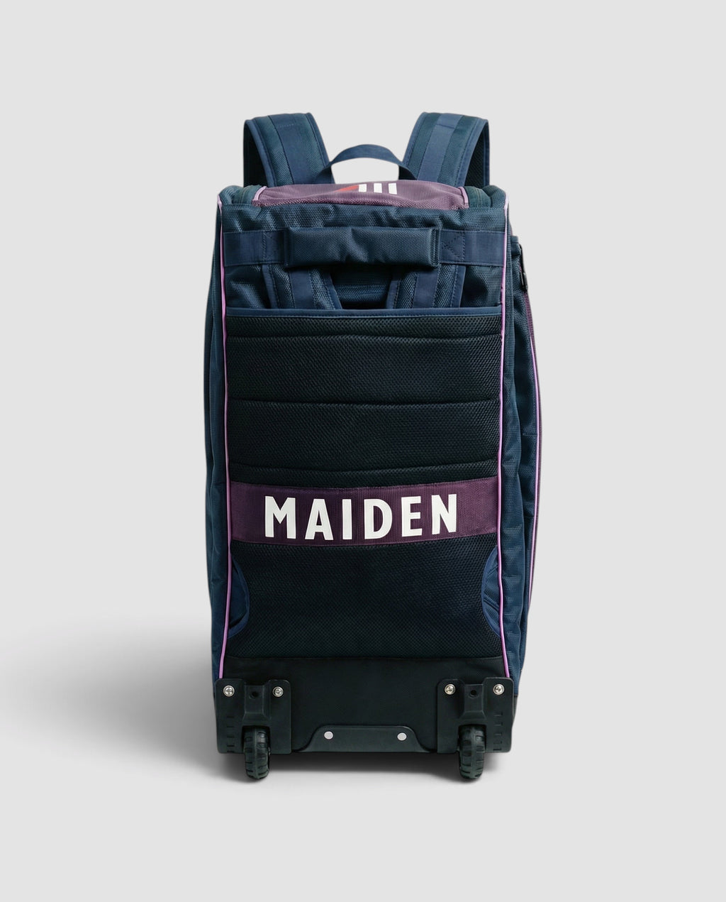 Maiden Cricket kit bag for women and girls in navy blue with purple accents, featuring wheels and ergonomic straps.