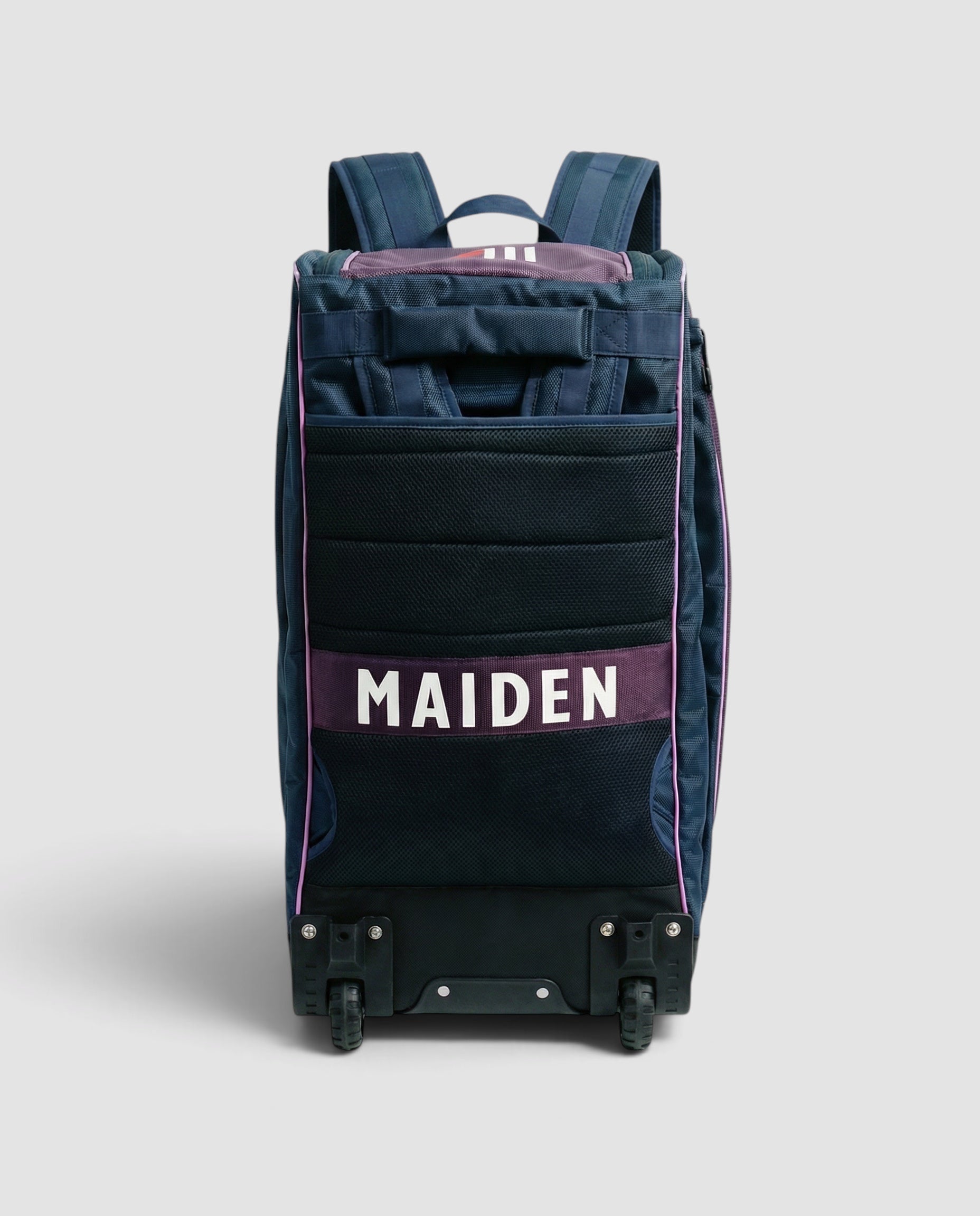 Maiden Cricket kit bag for women and girls in navy blue with purple accents, featuring wheels and ergonomic straps.