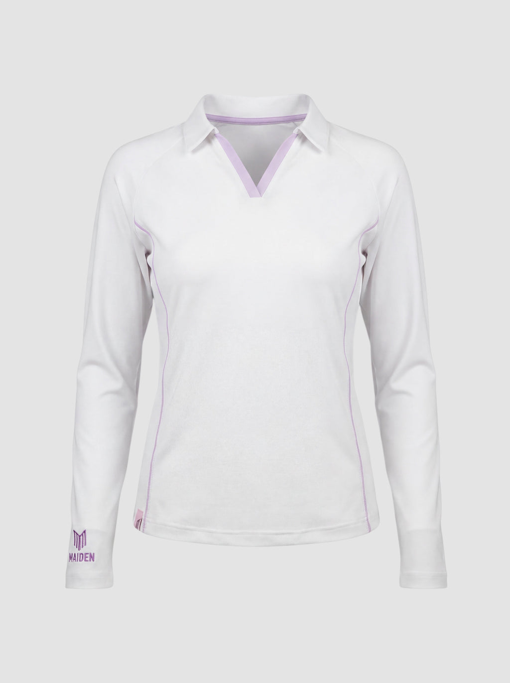 Maiden Cricket women's white long-sleeve cricket top with a collar, V-neck, and subtle purple trim details.