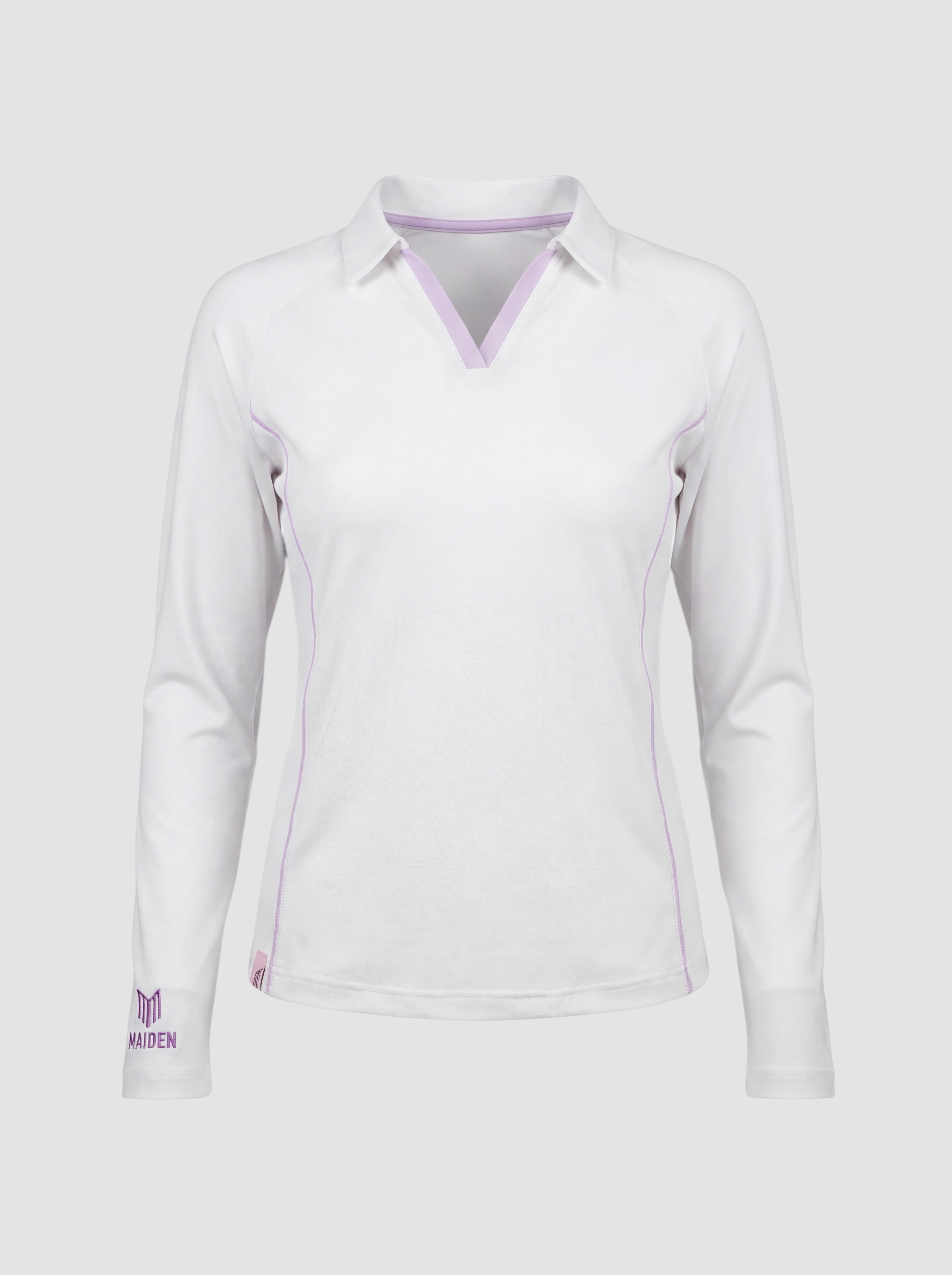 Maiden Cricket women's white long-sleeve cricket top with a collar, V-neck, and subtle purple trim details.