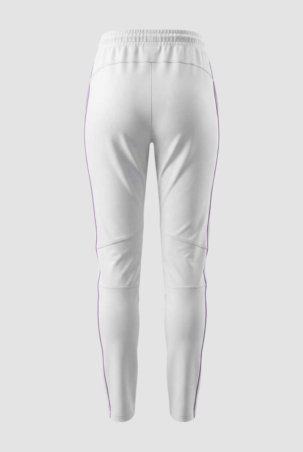 Back view of Maiden Cricket white women's test match trousers with purple side piping and elasticated waistband