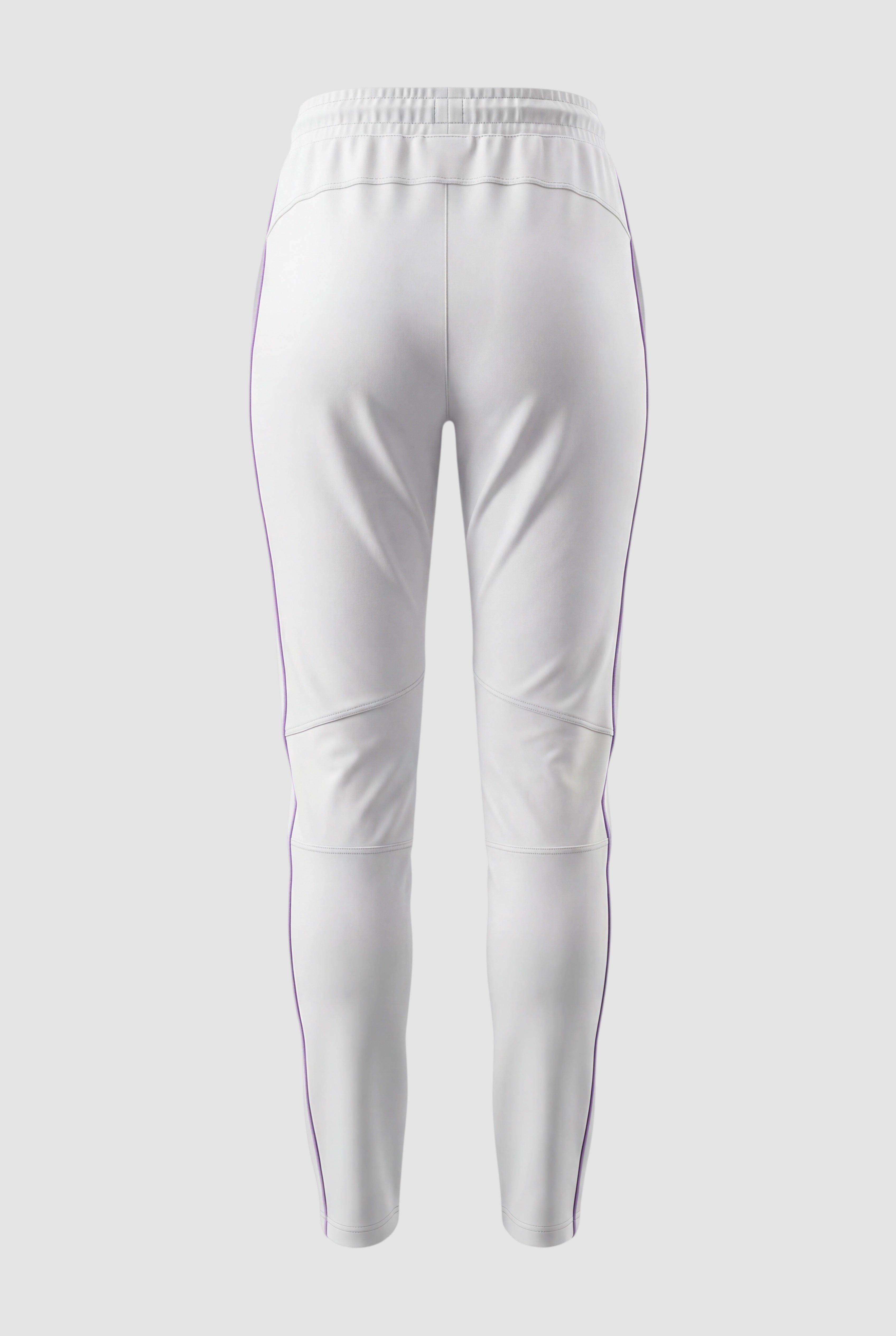 Back view of Maiden Cricket white women's test match trousers with purple side piping and elasticated waistband