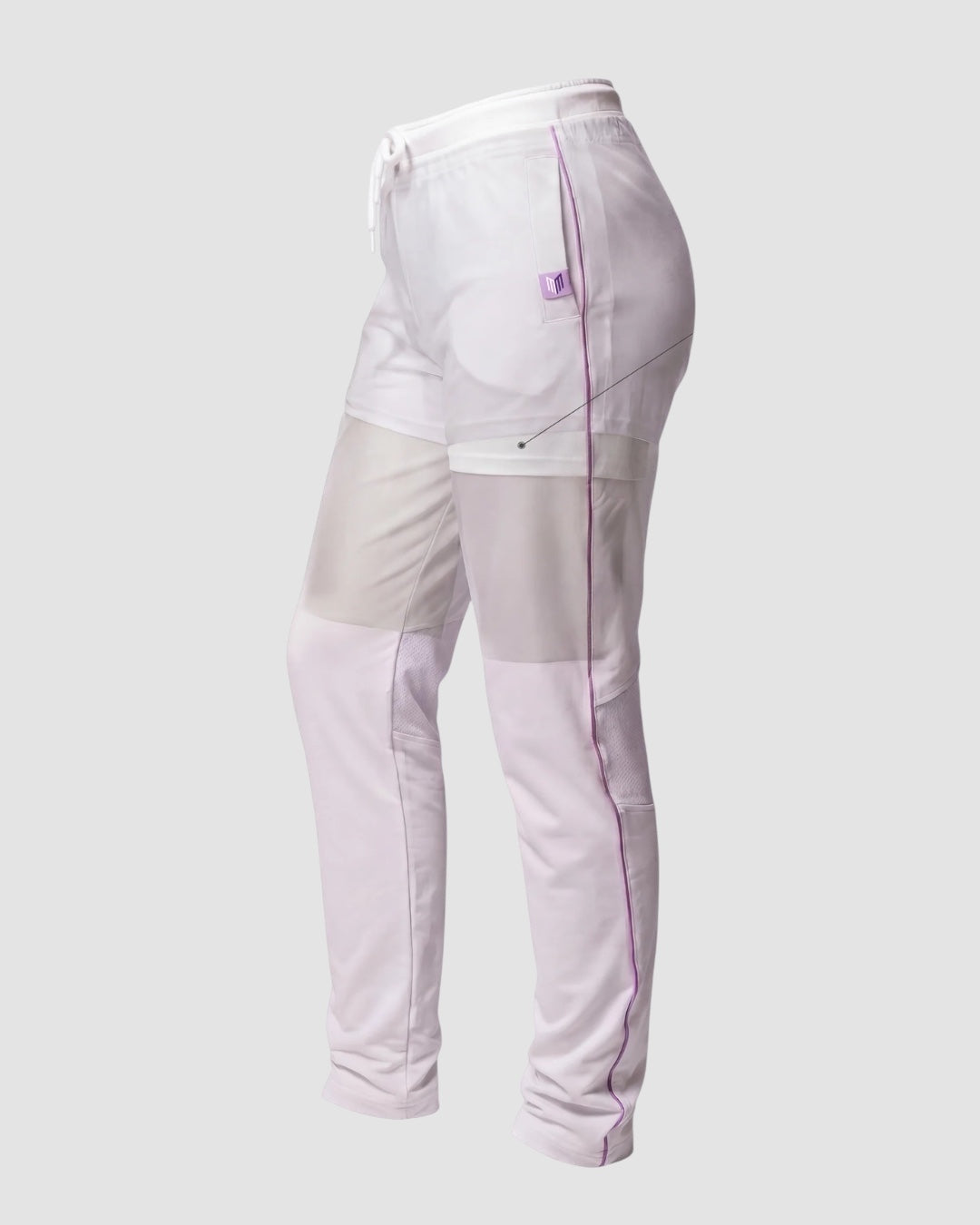 Maiden Cricket women's white test match cricket trousers with purple piping, side pockets, and mesh knee vents.