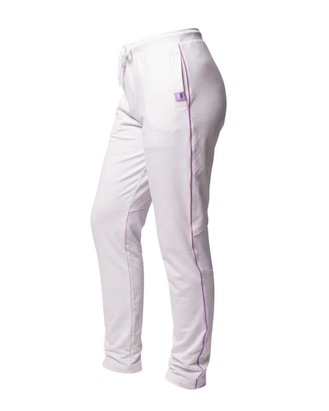 Maiden Cricket women's white test match trousers with purple piping, mesh knee vents, and side pockets.