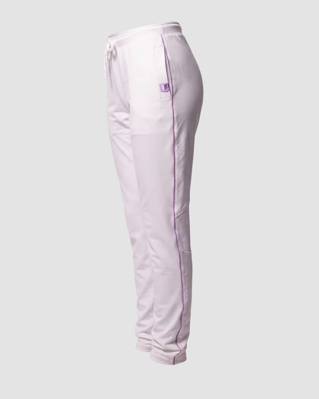 Maiden Cricket women's white test match trousers with purple piping, side pockets, and mesh knee vents, side view.