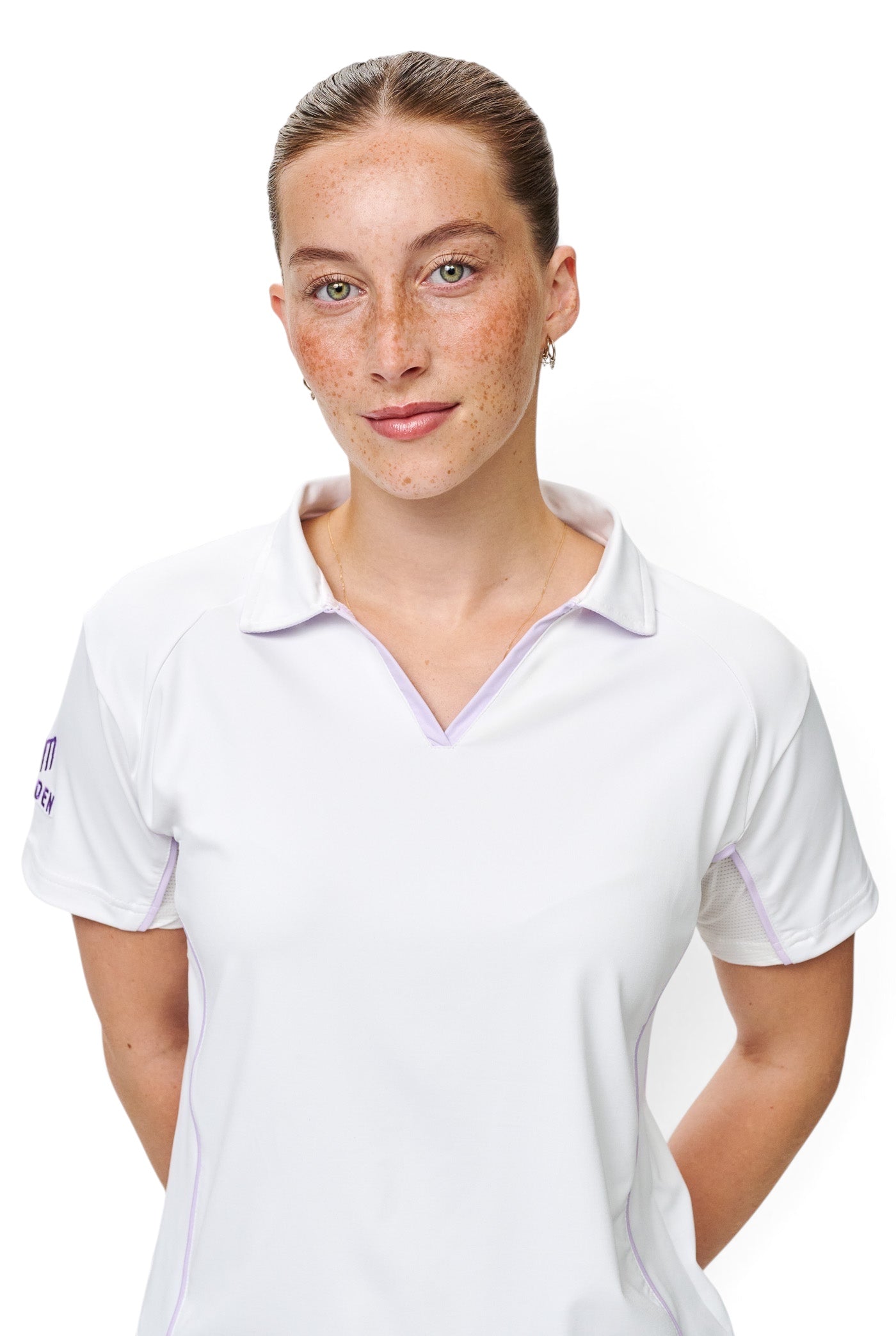 Maiden Cricket women's white V-neck performance top with mesh underarm panels for training and match days