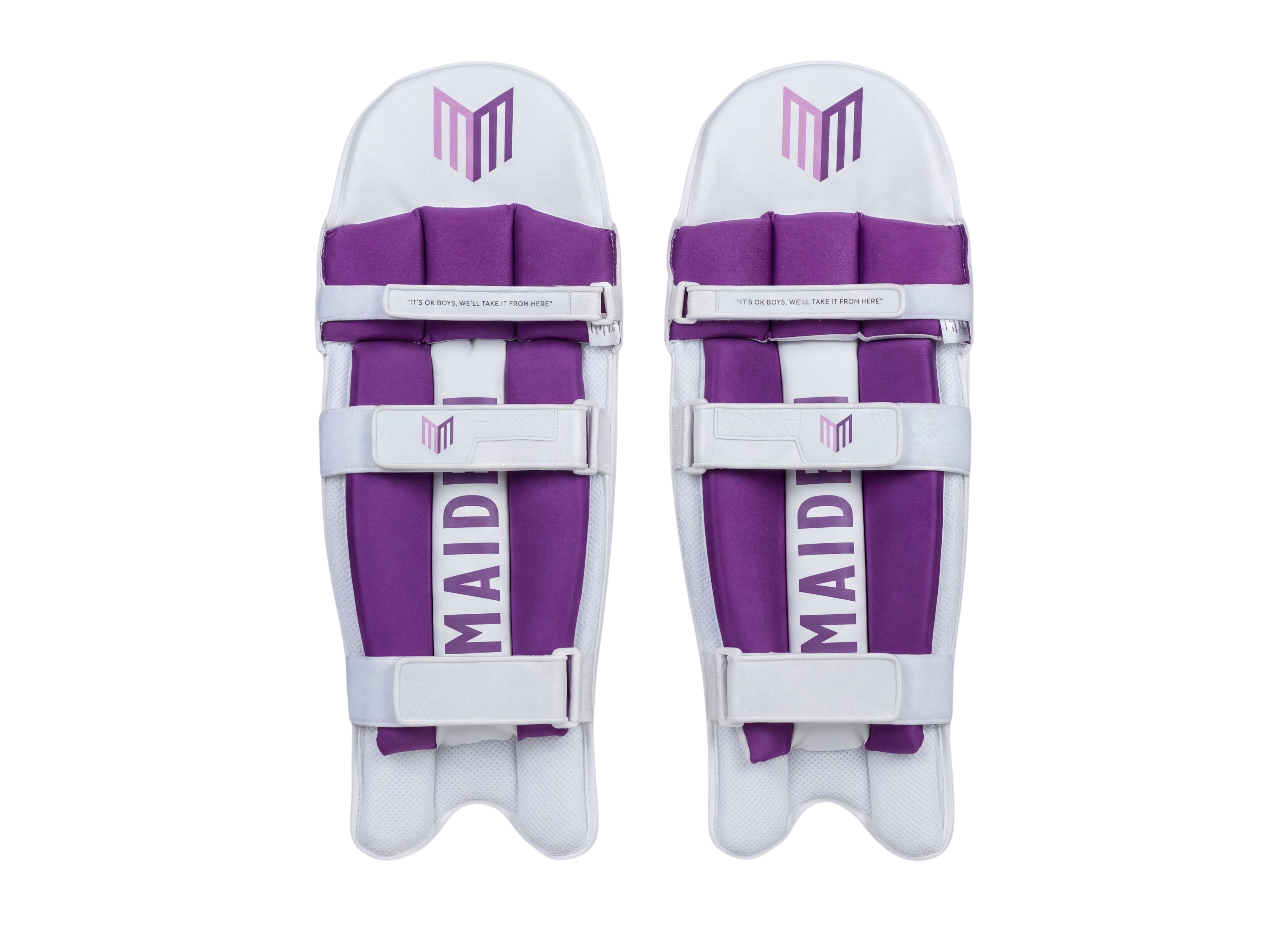 Maiden Cricket women's white and purple batting pads with ergonomic knee design and secure soft-touch straps.