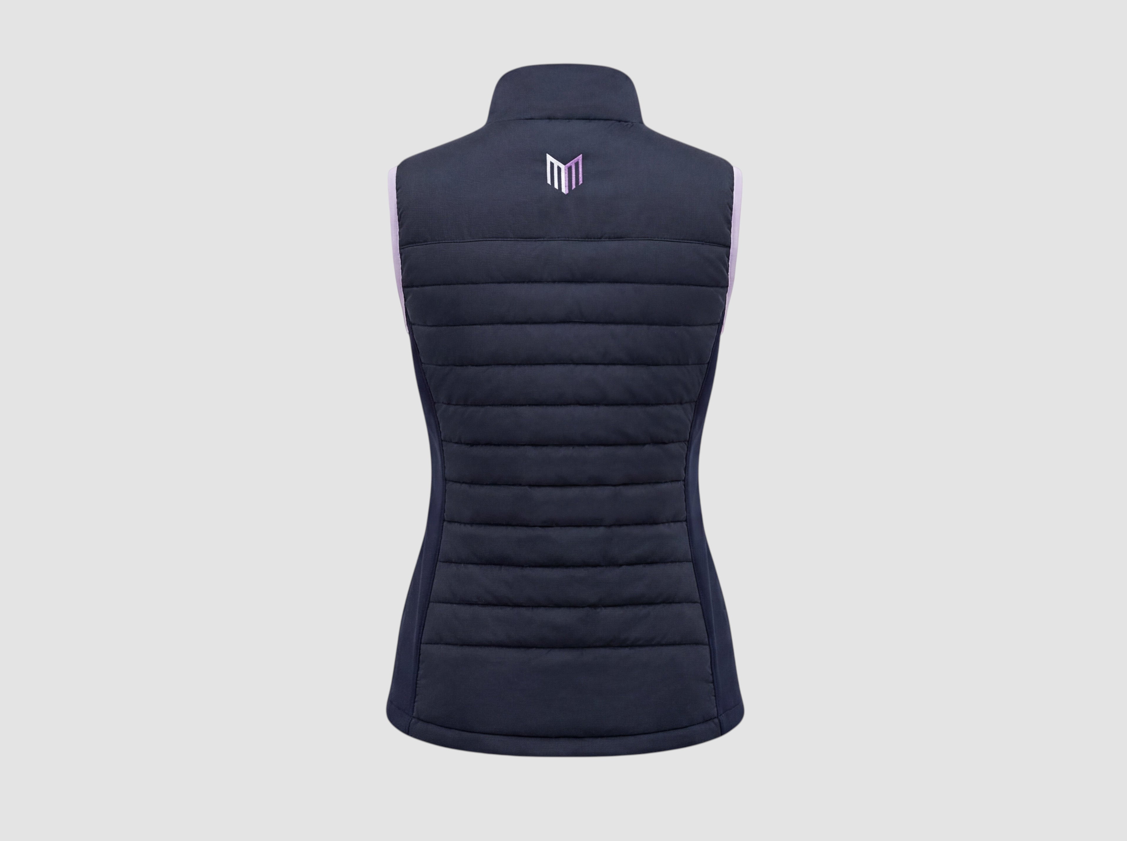 Back view of the Maiden Cricket Yorker Gilet in navy blue with quilted insulation and stretch side panels.