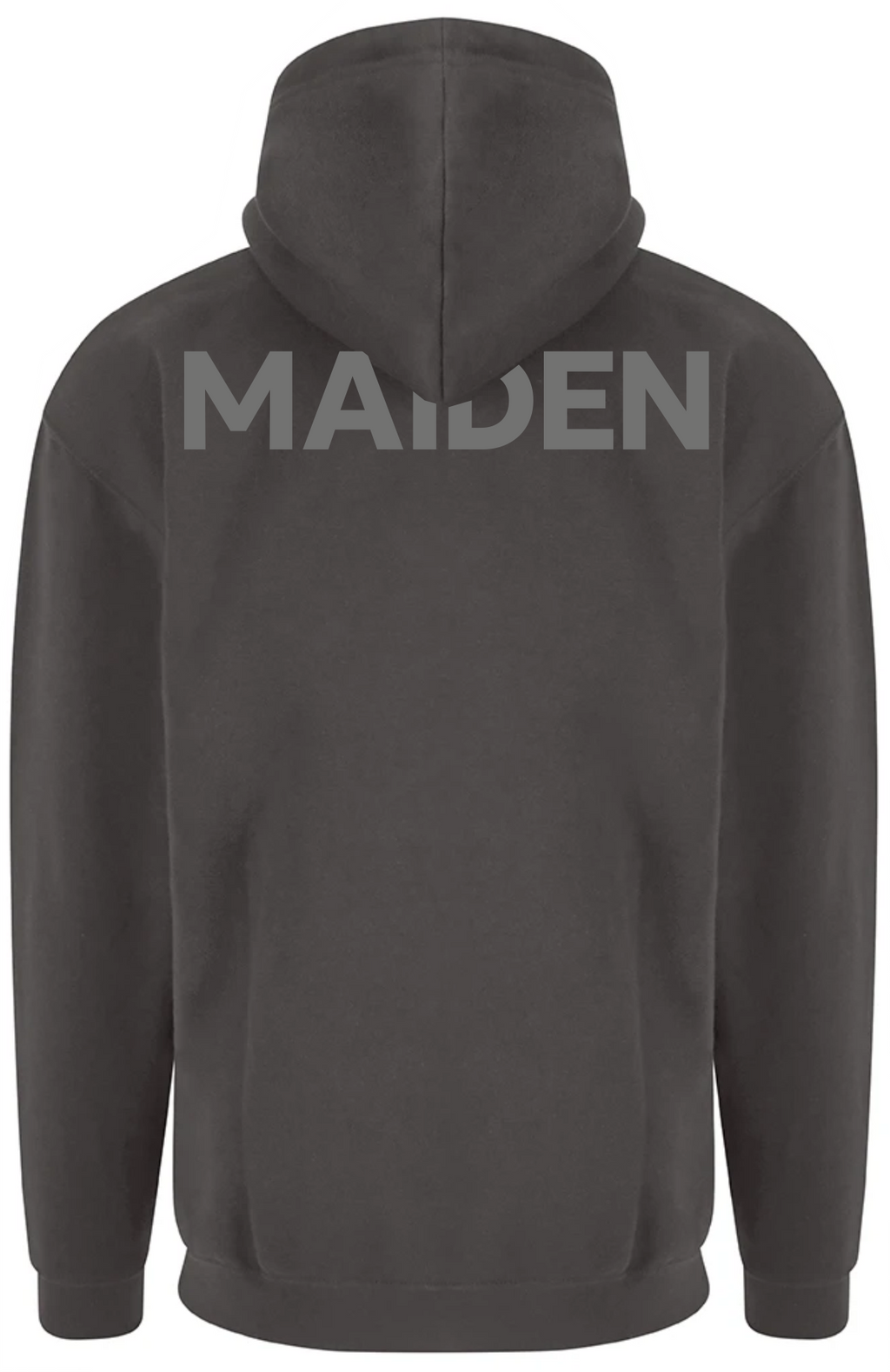 Back view of a charcoal gray Maiden Cricket women's hoodie featuring a lined hood and relaxed fit.
