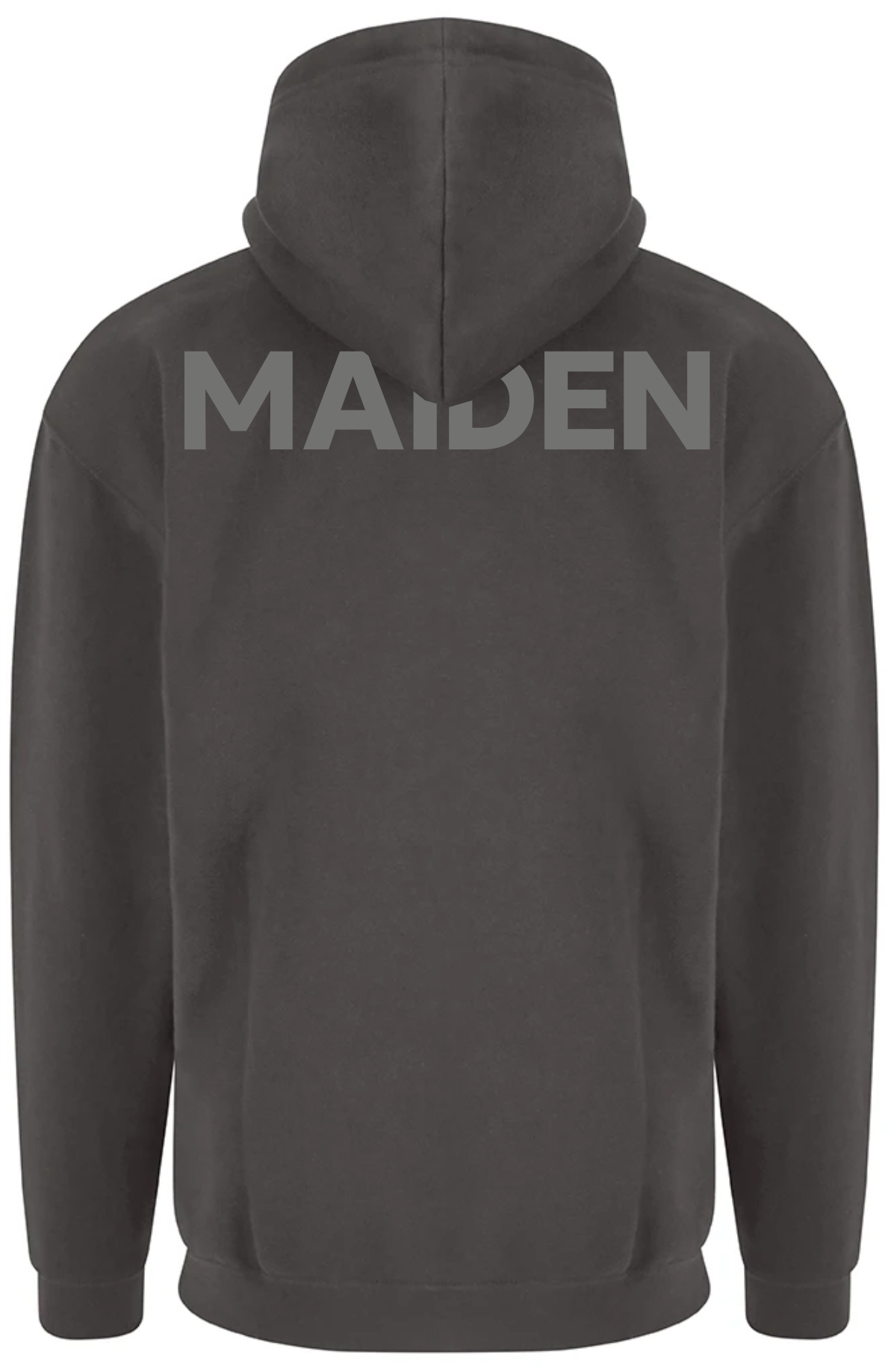 Back view of a charcoal gray Maiden Cricket women's hoodie featuring a lined hood and relaxed fit.