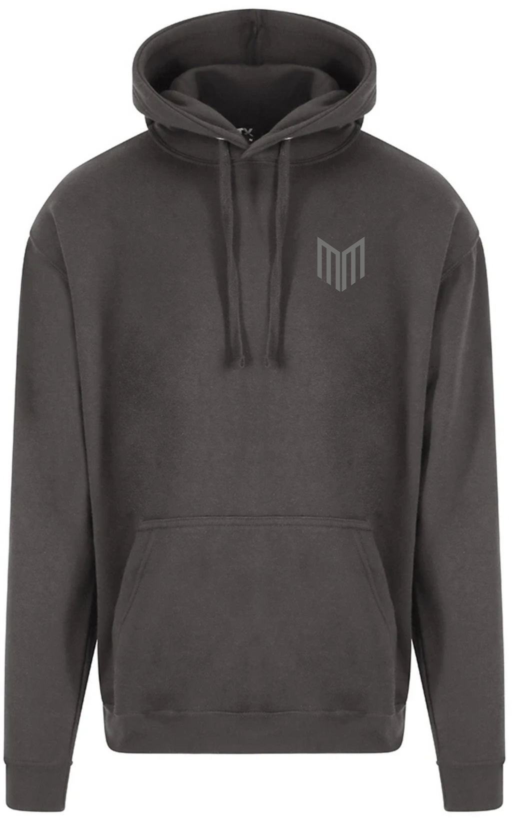 Maiden Cricket charcoal gray relaxed fit hoodie with a lined hood, adjustable draw cords, and front kangaroo pocket.