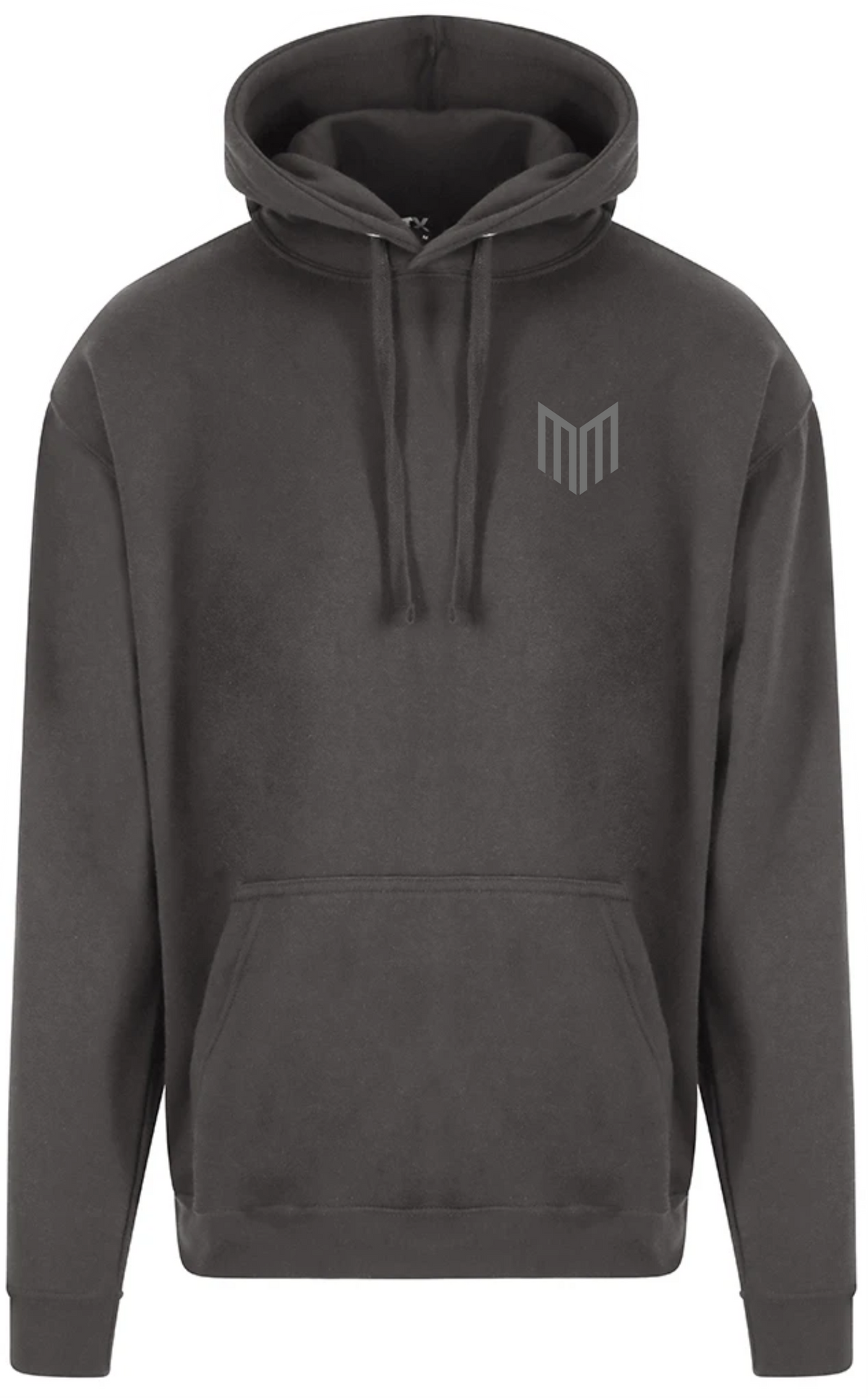Maiden Cricket charcoal gray relaxed fit hoodie with a lined hood, adjustable draw cords, and front kangaroo pocket.