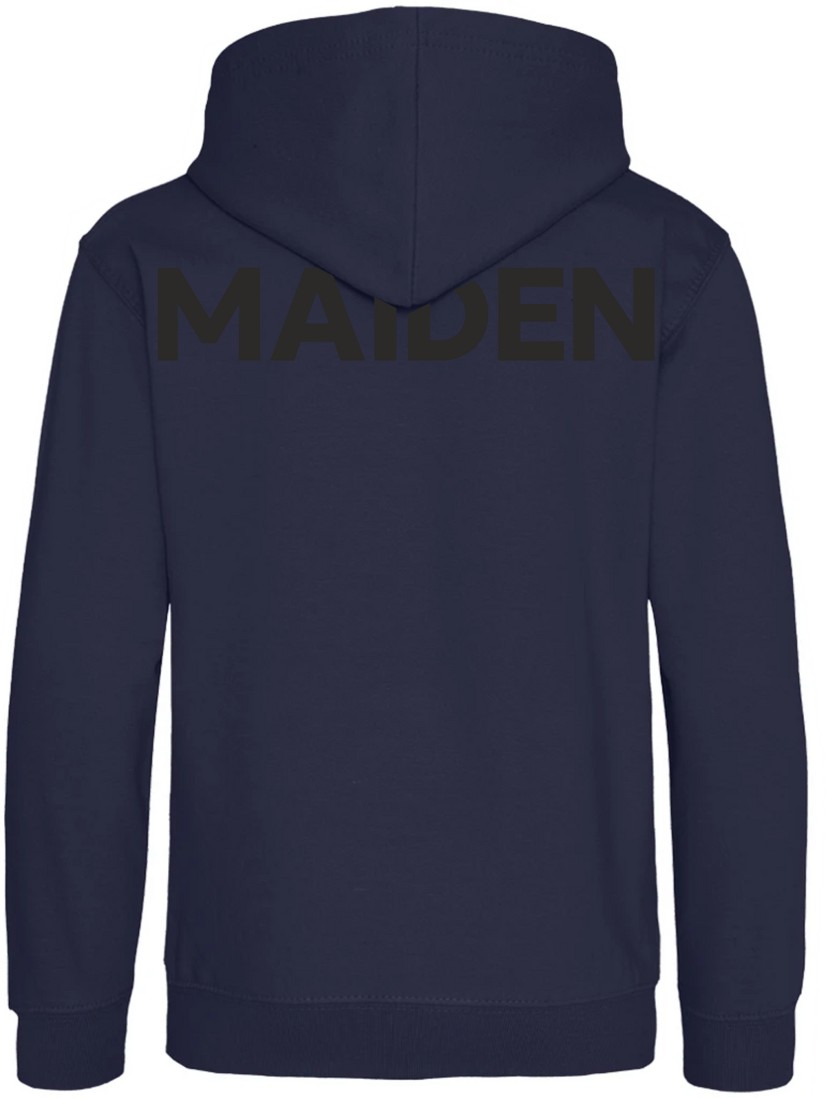 Back view of a navy Maiden Cricket women's hoodie with a large black MAIDEN logo printed across the shoulders.