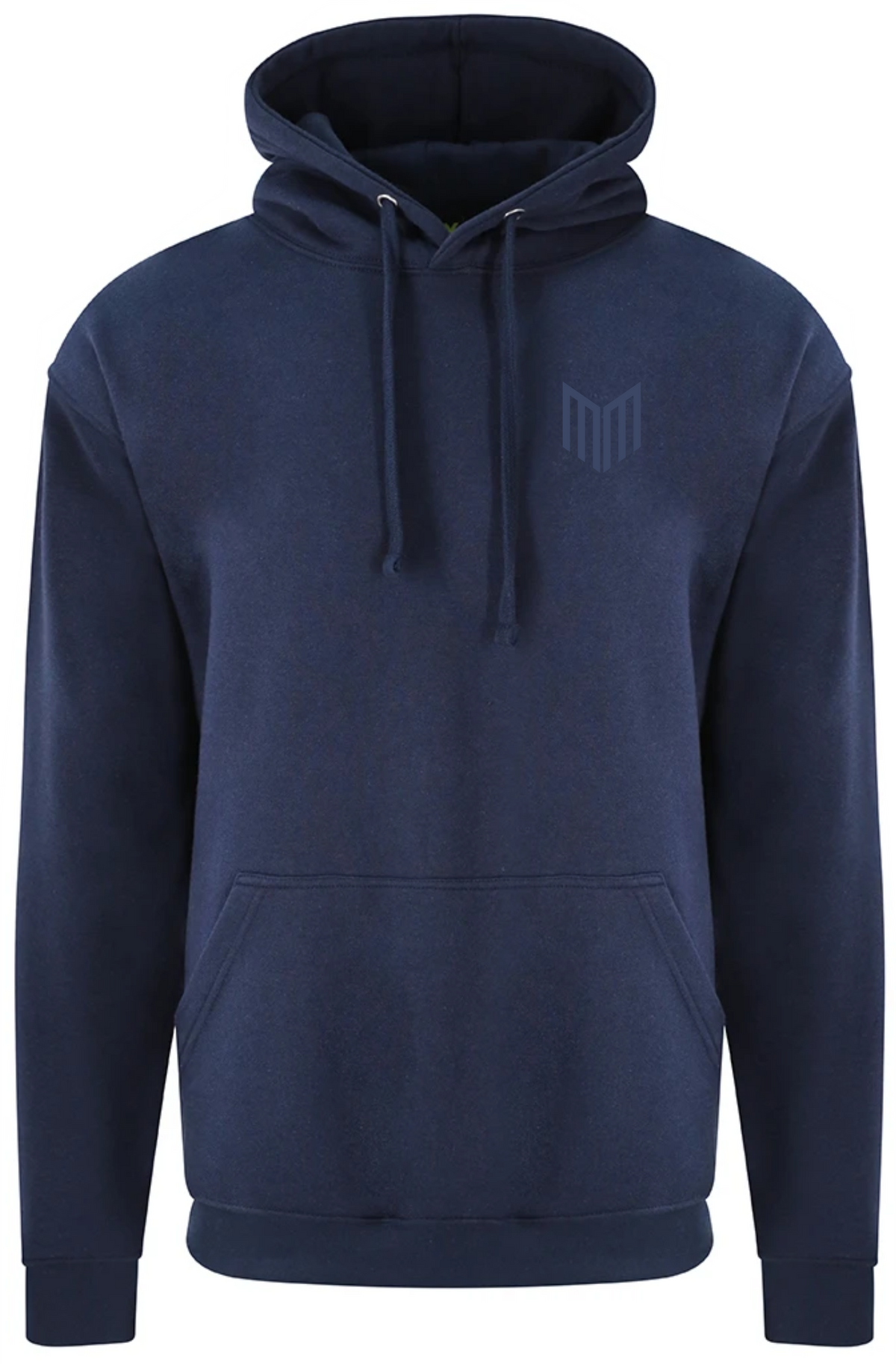 Maiden Cricket navy blue relaxed fit hoodie with a lined hood, adjustable draw cords, and a front kangaroo pocket.