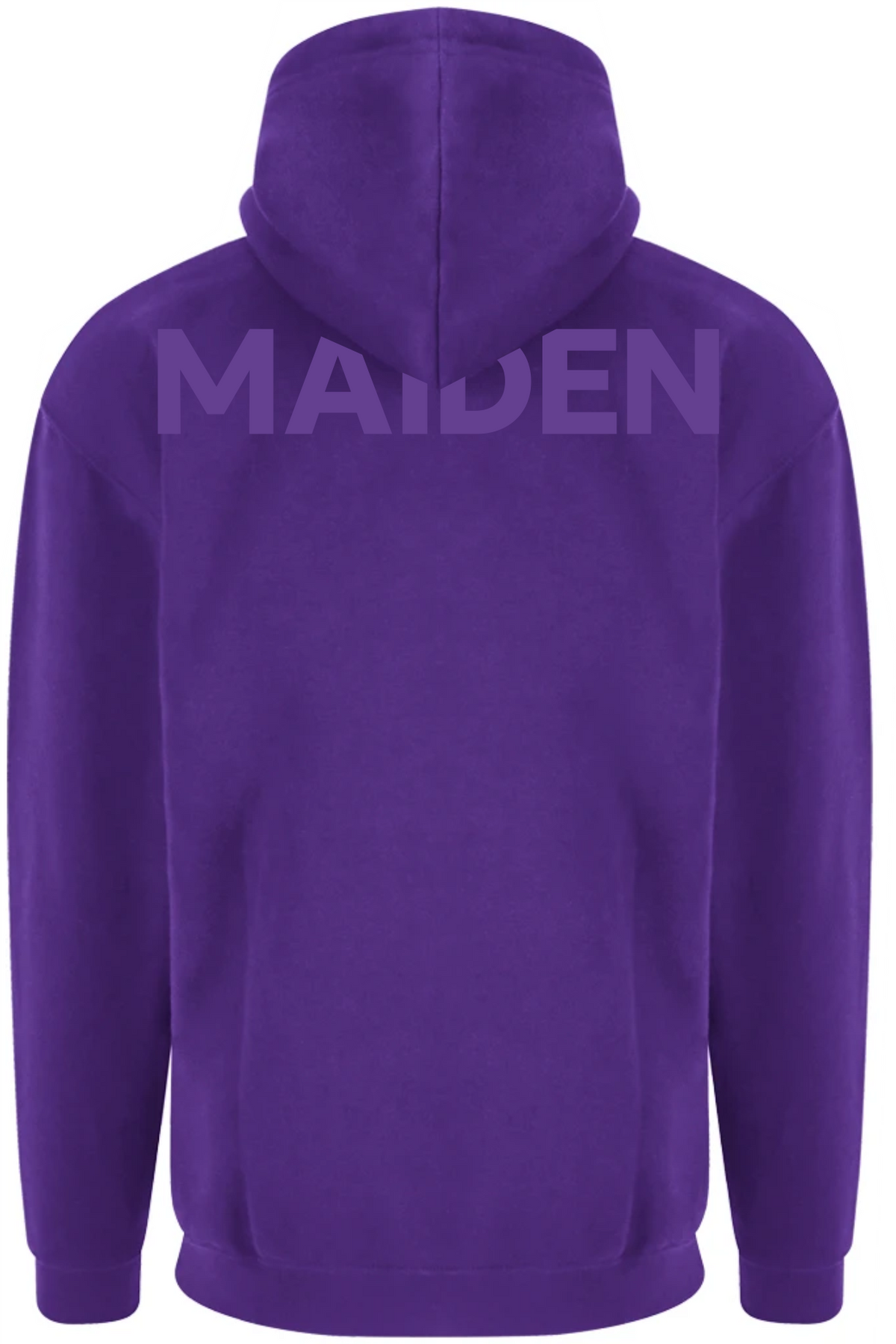 Back view of a purple Maiden Cricket women's hoodie featuring a lined hood and the brand name printed on the back.